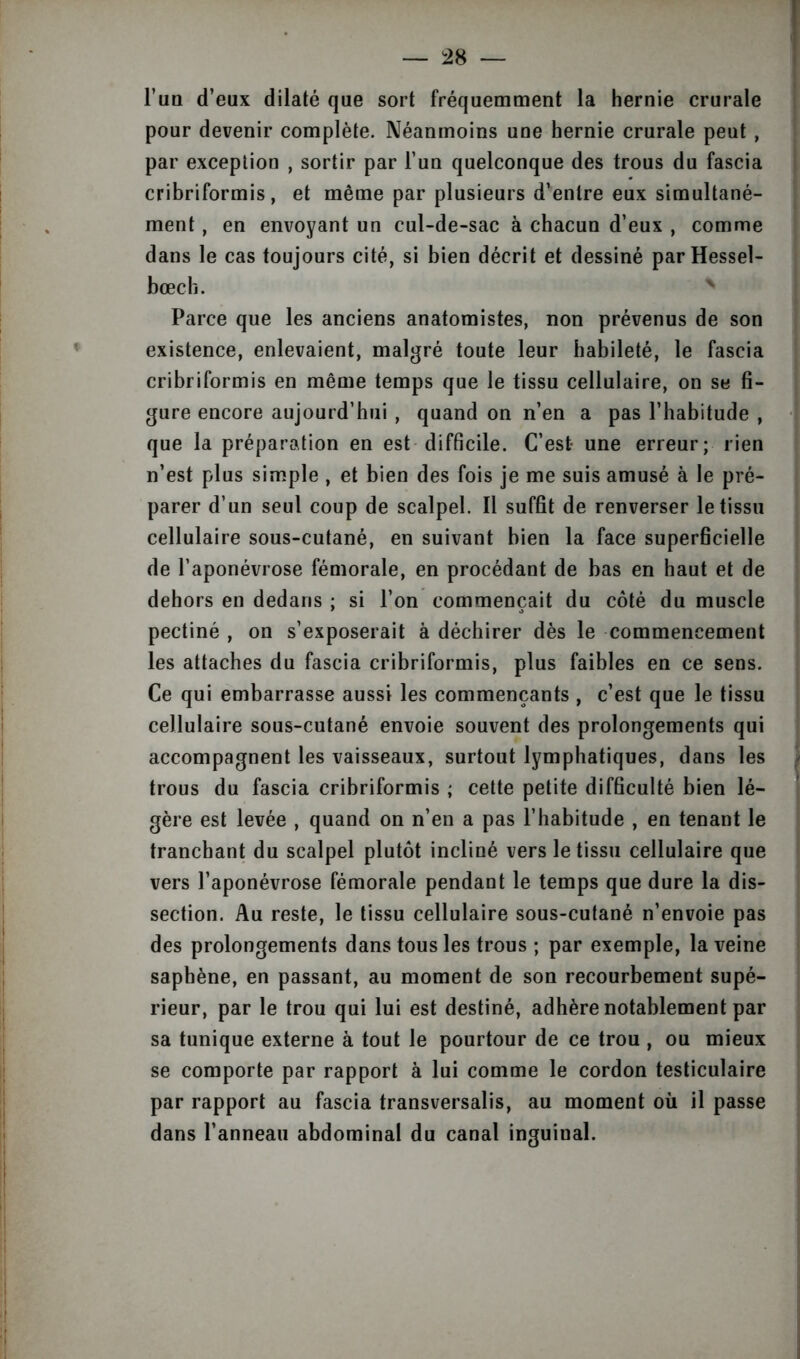 l’un d’eux dilaté que sort fréquemment la hernie crurale pour devenir complète. Néanmoins une hernie crurale peut , par exception , sortir par l’un quelconque des trous du fascia cribriformis, et même par plusieurs d’entre eux simultané- ment , en envoyant un cul-de-sac à chacun d’eux , comme dans le cas toujours cité, si bien décrit et dessiné parHessel- bœch. Parce que les anciens anatomistes, non prévenus de son existence, enlevaient, malgré toute leur habileté, le fascia cribriformis en même temps que le tissu cellulaire, on se fi- gure encore aujourd’hui , quand on n’en a pas l’habitude , que la préparation en est difficile. C’est une erreur; rien n’est plus simple , et bien des fois je me suis amusé à le pré- parer d’un seul coup de scalpel. Il suffit de renverser le tissu cellulaire sous-cutané, en suivant bien la face superficielle de l’aponévrose fémorale, en procédant de bas en haut et de dehors en dedans ; si l’on commençait du côté du muscle pectiné , on s’exposerait à déchirer dès le commencement les attaches du fascia cribriformis, plus faibles en ce sens. Ce qui embarrasse aussi les commençants , c’est que le tissu cellulaire sous-cutané envoie souvent des prolongements qui accompagnent les vaisseaux, surtout lymphatiques, dans les trous du fascia cribriformis ; cette petite difficulté bien lé- gère est levée , quand on n’en a pas l’habitude , en tenant le tranchant du scalpel plutôt incliné vers le tissu cellulaire que vers l’aponévrose fémorale pendant le temps que dure la dis- section. Au reste, le tissu cellulaire sous-cutané n’envoie pas des prolongements dans tous les trous ; par exemple, la veine saphène, en passant, au moment de son recourbement supé- rieur, par le trou qui lui est destiné, adhère notablement par sa tunique externe à tout le pourtour de ce trou , ou mieux se comporte par rapport à lui comme le cordon testiculaire par rapport au fascia transversalis, au moment où il passe dans l’anneau abdominal du canal inguiual.