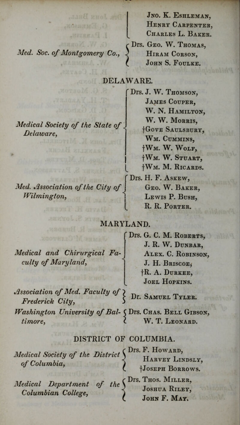 Jno. K. Eshleman, Henry Carpenter, Charles L. Baker. r Drs. Geo. W. Thomas, Med. Soc. of Montgomery Co., ) Hiram Corson, C John S. Foulke. DELAWARE. f- Medical Society of the State of < Delaware, Drs. J. W. Thomson, James Couper, W. N. Hamilton, W. W. Morris, |Gove Saulsbury, Wm. Cummins, fWM. W. Wolf, fWM. W. Stuart, |Wm. M. Ricards, Med. Association of the City of Wilmington, 1 Drs. H. F. Askew, Geo. W. Baker, Lewis P. Bush, R. R. Porter. Medical and Chirurgical Fa- culty of Maryland, MARYLAND. ’ Drs. G. C. M. Roberts, J. R. W. Dunbar, Alex. C. Robinson, J. H. Briscoe* fR. A. Durkee, Joel Hopkins. Association of Med. Faculty of Frederick City, Washington University of Bal- timore, Dr. Samuel Tyler. Drs. Chas. Bell Gibson, W. T. Leonard. DISTRICT OF COLUMBIA. Medical Society of the District of Columbia, I Drs. F. Howard, Harvey Lindsly, fJosEPH Borrows. Medical Department of the Columbian College, Drs. Thos. Miller, Joshua Riley, John F. May.