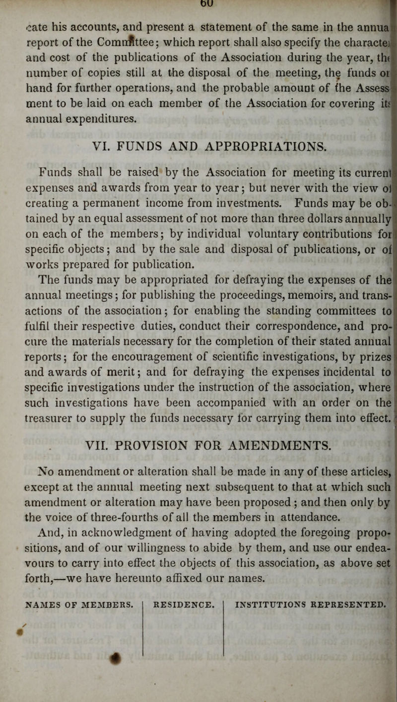 t)U cate his accounts, and present a statement of the same in the annua report of the Comuflttee; which report shall also specify the characte] and cost of the publications of the Association during the year, tht number of copies still at the disposal of the meeting, the funds or hand for further operations, and the probable amount of the Assess ment to be laid on each member of the Association for covering its annual expenditures. VI. FUNDS AND APPROPRIATIONS. Funds shall be raised by the Association for meeting its current expenses and awards from year to year; but never with the view ot creating a permanent income from investments. Funds may be ob- tained by an equal assessment of not more than three dollars annually; on each of the members; by individual voluntary contributions for> specific objects; and by the sale and disposal of publications, or of works prepared for publication. The funds may be appropriated for defraying the expenses of the annual meetings; for publishing the proceedings,memoirs, and trans-i actions of the association; for enabling the standing committees to? fulfil their respective duties, conduct their correspondence, and pro- cure the materials necessary for the completion of their stated annual i reports; for the encouragement of scientific investigations, by prizes and awards of merit; and for defraying the expenses incidental to specific investigations under the instruction of the association, where such investigations have been accompanied with an order on the treasurer to supply the funds necessary tor carrying them into effect, i VII. PROVISION FOR AMENDMENTS. No amendment or alteration shall be made in any of these articles, except at the annual meeting next subsequent to that at which such amendment or alteration may have been proposed ; and then only by the voice of three-fourths of all the members in attendance. And, in acknowledgment of having adopted the foregoing propo- sitions, and of our willingness to abide by them, and use our endea- vours to carry into effect the objects of this association, as above set forth,—we have hereunto affixed our names. NAMES OF MEMBERS. RESIDENCE. INSTITUTIONS REPRESENTED.