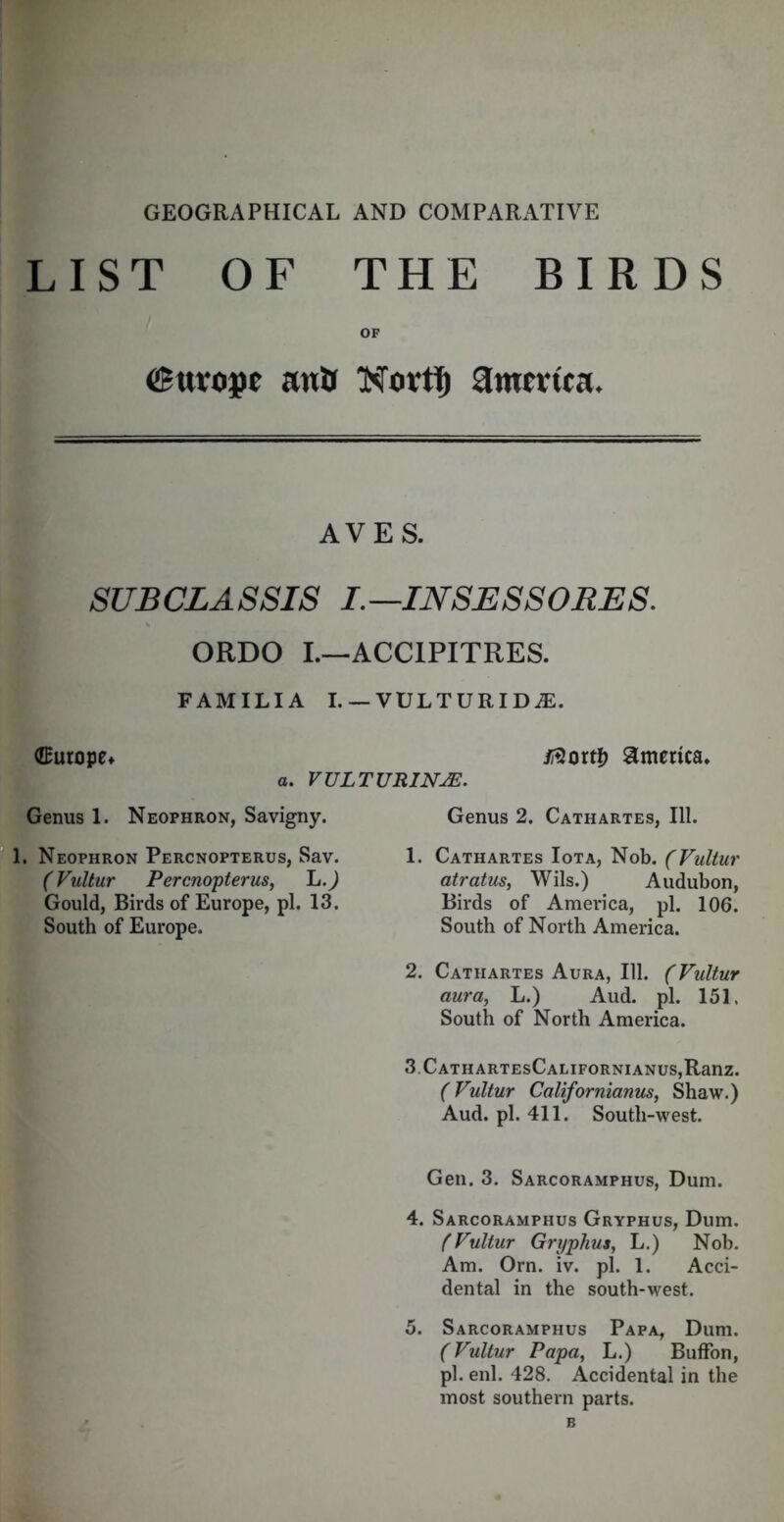 GEOGRAPHICAL AND COMPARATIVE LIST OF THE BIRDS OF (Europe autf Novttj aroertea. AVES. SUBCLASSIS I.—INSESSORES. ORDO I.—ACCIPITRES. FAMILIA I. — VUL T URI DiE. (Europe* iftor# America. a. VULTURINjE. Genus 1. Neophron, Savigny. 1. Neophron Percnopterus, Sav. (Vultur Percnopterus, L.) Gould, Birds of Europe, pi. 13. South of Europe. Genus 2. Cathartes, 111. 1. Cathartes Iota, Nob. (Vultur atratus, Wils.) Audubon, Birds of America, pi. 106. South of North America. 2. Cathartes Aura, 111. (Vultur aura, L.) Aud. pi. 151. South of North America. 3CATHARTEsCALIFORNIANUS,RanZ. (Vultur Californianus, Shaw.) Aud. pi. 411. South-west. Gen. 3. Sarcoramphus, Dum. 4. Sarcoramphus Gryphus, Dum. (Vultur Gryphus, L.) Nob. Am. Orn. iv. pi. 1. Acci- dental in the south-west. 5. Sarcoramphus Papa, Dum. (Vultur Papa, L.) BufFon, pi. enl. 428. Accidental in the most southern parts.