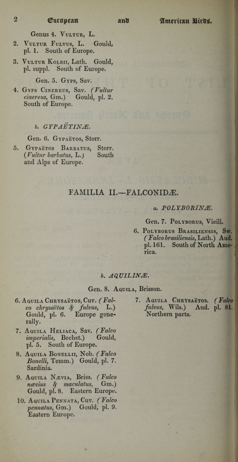 Genus 4. Vultur, L. 2. Vultur Fulvus, L. Gould, pi. 1. South of Europe. 3. Vultur Kolbii, Lath. Gould, pi. suppl. South of Europe. Gen. 5. Gyps, Sav. 4. Gyps Cinereus, Sav. (Vultur cinereus, Gm.) Gould, pi. 2. South of Europe. b. GYPAETINJE. Gen. 6. Gypaetos, Storr. 5. Gypaetos Barbatus, Storr. ( Vultur barbatus, L.) South and Alps of Europe. FAMILIA II.—FALCONIDJE. a. POLYBORINuE. Gen. 7. Polyborus, Vieill. 6. Polyborus Brasiliensis, Sw. ( Valeo brasiliensis, Lath.) Aud. pi. 161. South of North Ame- rica. b. AQ.U1LINJE. Gen. 8. Aquila, Brisson. 6. Aquila Chrysaetos, Cuv. (Fal- co chrysaetos fy fulvus, L.) rally. 7. Aquila Heliaca, Sav. (Valeo imperialis, Beclist.) Gould, pi. 5. South of Europe. 8. Aquila Bonellii, Nob. (Valeo Bonelli, Temm.) Gould, pi. 7. Sardinia. 9. Aquila N^evia, Briss. (Valeo ncevius 8f maculatus, Gm.) Gould, pi. 8. Eastern Europe. 10. Aquila Pennata, Cuv. (Valeo pennatus, Gm.) Gould, pi. 9. Eastern Europe. 7. Aquila Chrysaetos. (Valeo fulvus, Wils.) Aud. pi. 81.