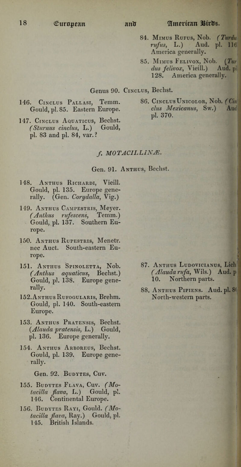 84. Mimus Rufus, Nob. (Turdu rufus, L.) Aud. pi. 116 America generally. 85. Mimus Felivox, Nob. (TV dus felivox, Vieill.) Aud. p 128. America generally. Genus 90. Cinclus, Bechst. 146. Cinclus Pallasi, Temm. Gould, pi. 85. Eastern Europe. 147. Cinclus Aquaticus, Bechst. (Sturnus cinclus, L.) Gould, pi. 83 and pi. 84, var. ? /. M0TACILL1NJE. 86. CinclusUnicolor, Nob. (Cin clus Mexicanus, Sw.) Auti pi. 370. Gen. 91. Anthus, Bechst. 148. Anthus Riciiardi, Vieill. Gould, pi. 135. Europe gene- rally. (Gen. Corydalla, Vig.) 149. Anthus Campestris, Meyer. (Anthus rufescens, Temm.) Gould, pi. 137. Southern Eu- rope. 150. Anthus Rupestris, Menetr. nec Auct. South-eastern Eu- rope. 151. Anthus Spinoletta, Nob. (Anthus aquaticus, Bechst.) Gould, pi. 138. Europe gene- rally. 152. Anthus Rufogularis, Brehrn. Gould, pi. 140. South-eastern Europe. 153. Anthus Pratensis, Bechst. {Alauda pratensis, L.) Gould, pi. 136. Europe generally. 154. Anthus Arboreus, Bechst. Gould, pi. 139. Europe gene- rally. Gen. 92. Budytes, Cuv. 155. Budytes Flava, Cuv. (Mo- tacilla flava, L.) Gould, pi. 146. Continental Europe. 156. Budytes Rayi, Gould. (Mo- tacilla flava, Ray.) Gould, pi. 145. British Islands. 87. Anthus Ludovicianus, Lich J (Alauda rufa, Wils.) Aud. p 1 10. Northern parts. 88. Anthus Pipiens. Aud. pi. 8(1 North-western parts.