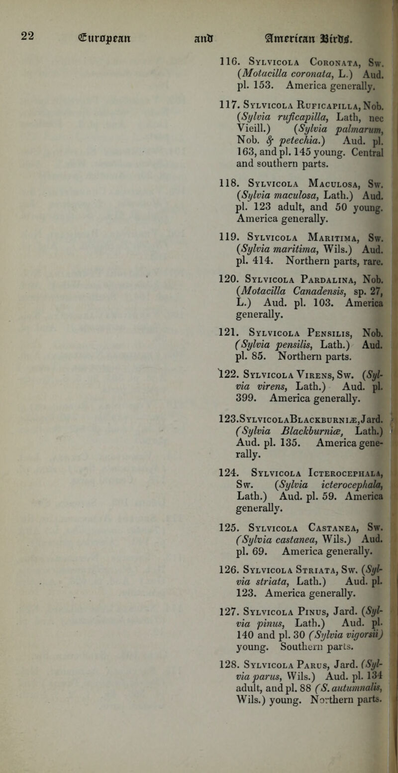 116. Sylvicola Coronata, Sw. (Motacilla coronata, L.) Aud. pi. 153. America generally. 117. Sylvicola Ruficapilla, Nob. {Sylvia ruficapilla, Lath, nec Vieill.) {Sylvia palmarum, Nob. 8f petechia.) Aud. pi. 163, and pi. 145 young. Central and southern parts. 118. Sylvicola Maculosa, Sw. {Sylvia maculosa, Lath.) Aud. pi. 123 adult, and 50 young. America generally. 119. Sylvicola Maritima, Sw. {Sylvia maritima, Wils.) Aud. pi. 414. Northern parts, rare. 120. Sylvicola Pardalina, Nob. {Motacilla Canadensis, sp. 27, L.) Aud. pi. 103. America generally. 121. Sylvicola Pensilis, Nob. (Sylvia pensilis, Lath.) Aud. pi. 85. Northern parts. 122. Sylvicola Virens, Sw. {Syl- via virens, Lath.) Aud. pi. 399. America generally. 123.SyLVICOLaBlACKBURNIjE, Jard. (Sylvia Blackburnice, Lath.) Aud. pi. 135. America gene- rally. 124. Sylvicola Icterocephala, Sw. {Sylvia icterocephala, Lath.) Aud. pi. 59. America generally. 125. Sylvicola Castanea, Sw. (Sylvia castanea, Wils.) Aud. pi. 69. America generally. 126. Sylvicola Striata, Sw, {Syl- via striata, Lath.) Aud. pi. 123. America generally. 127. Sylvicola Pinus, Jard. (Syl- via pinus, Lath.) Aud. pi. 140 and pi. 30 (Sylvia vigorsii) young. Southern parts. 128. Sylvicola Parus, Jard. (Syl- via parus, \\ i\s.) Aud. pi. 134 adult, and pi. 88 (S. autumnalis, Wils.) young. Northern parts.
