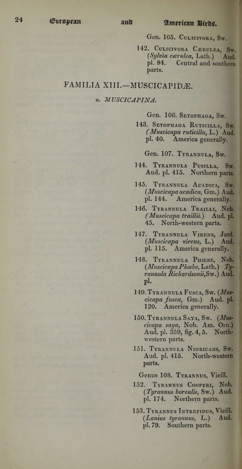 Gen. 105. Culicivora, S\v. 142. Culicivora Caerulea, Sw. {Sylvia ccerulea, Lath.) Aud. pi. 84. Central and southern parts. FAMILJA XIII.—MUSCICAPID^E. a. MUSCICAPINA. Gen. 106. Setophaga, Sw. 143. Setophaga Ruticilla, Sw. (Muscicapa ruticilla, L.) Aud. pi. 40. America generally. Gen. 107. Tyrannula, Sw. 144. Tyrannula Pusilla, Sw. Aud. pi. 415. Northern parts. 145. Tyrannula Acadica, Sw. (Muscicapaacadica, Gm.) Aud. pi. 144. America generally. 146. Tyrannula Trailli, Nob. (Muscicapa trailing) Aud. pi. 45. North-western parts. 147. Tyrannula Virens, Jard. (.Muscicapa virens, L.) Aud. pi. 115. America generally. 148. Tyrannula Phoebe, Nob. (MuscicapaPhoebe, Lath.) Ty- rannula Richardsonii,S\v.) Aud. Pi. 149. Tyrannula Fusca, Sw. (Mus- cicapa fusca, Gm.) Aud. pi. 120. America generally. 150. Tyrannula Saya, Sw. (Mus- cicapa say a, Nob. Am. Orn.) Aud. pi. 359, fig. 4,5. North- western parts. 151. Tyrannula Nigricans, Sw. Aud. pi. 415. North-western parts. Genus 108. Tyrannus, Vieill. 152. Tyrannus Cooperi, Nob. (Tyrannus borealis, Sw.) Aud. pi. 174. Northern parts. 153. Ty'rannus Intrepidus, Vieill. (Lanius tyrannus, L.) Aud. pi. 79. Southern parts.