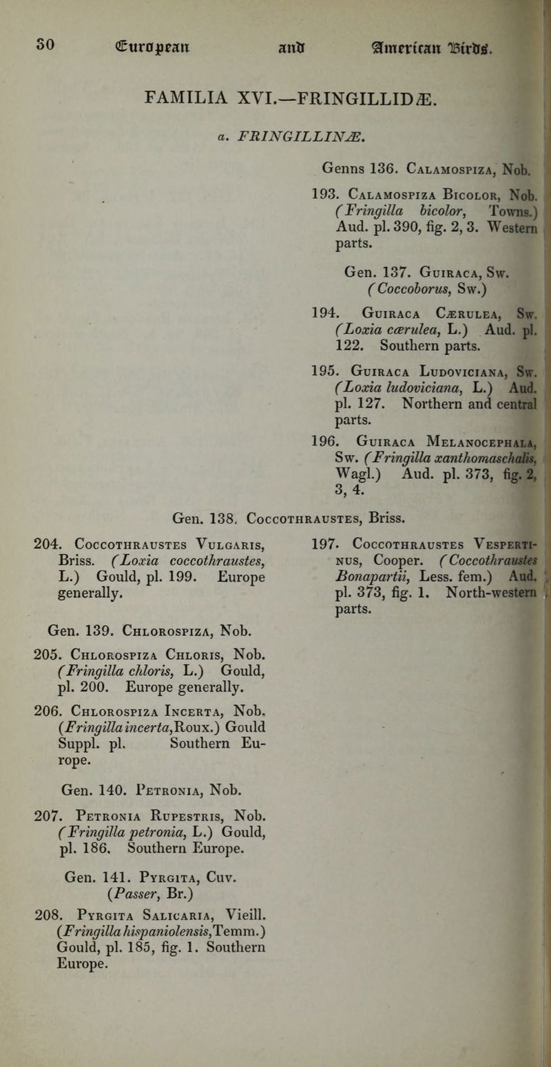so FAMILIA XVI.—FRINGILLID^E. a. FRINGILLINuE. Genns 136. Calamospiza, Nob. 193. Calamospiza Bicolor, Nob. (Fringilla bicolor, Towns.) Aud. pi. 390, fig. 2, 3. Western parts. Gen. 137. Guiraca, Sw. (Coccoborus, Sw.) 194. Guiraca Gerulea, Sw. (Loxia ccerulea, L.) Aud. pi. 122. Southern parts. 195. Guiraca Ludoviciana, Sw. (Loxia ludoviciana, L.) Aud. pi. 127. Northern and central parts. 196. Guiraca Melanocephala, Sw. (Fringilla xanthomaschalis, Wagl.) Aud. pi. 373, fig. 2, 3, 4. Gen. 138. Coccothraustes, Briss. 204. Coccothraustes Vulgaris, Briss. (Loxia coccothraustes, L.) Gould, pi. 199. Europe generally. Gen. 139. Chlorospiza, Nob. 205. Chlorospiza Chloris, Nob. (Fringilla chloris, L.) Gould, pi. 200. Europe generally. 206. Chlorospiza Incerta, Nob. (Fringilla incerta,Roux.) Gould Suppl. pi. Southern Eu- rope. Gen. 140. Petronia, Nob. 207. Petronia Rupestris, Nob. (Fringilla petronia, L.) Gould, pi. 186. Southern Europe. Gen. 141. Pyrgita, Cuv. (Passer, Br.) 208. Pyrgita Salicaria, Vieill. (Fringilla hispaniolensis,Temm.) Gould, pi. 185, fig. 1. Southern Europe. 197. Coccothraustes Vesperti- nus, Cooper. (Coccothraustes Bonapartii, Less, fern.) Aud. pi. 373, fig. 1. North-western parts.