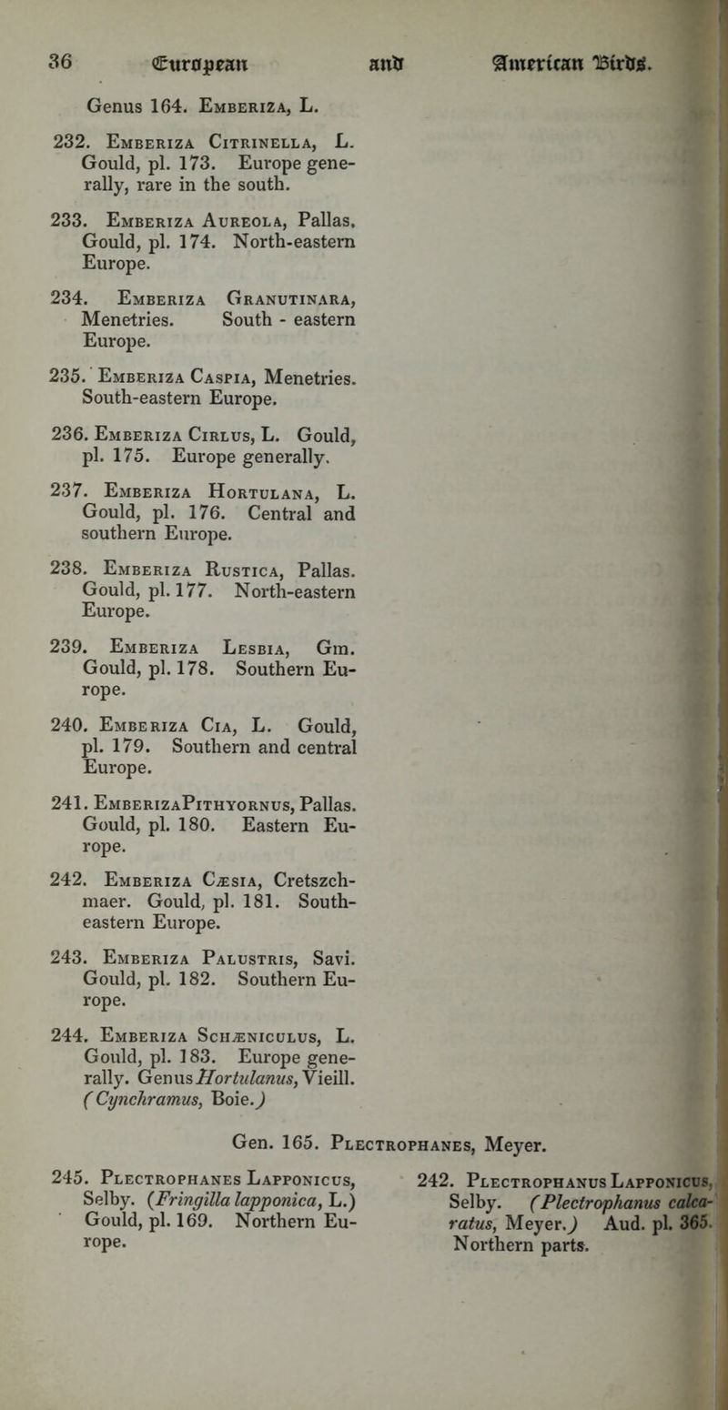 Genus 164. Emberiza, L. 232. Emberiza Citrinella, L. Gould, pi. 173. Europe gene- rally, rare in the south. 233. Emberiza Aureola, Pallas, Gould, pi. 174. North-eastern Europe. 234. Emberiza Granutinara, Menetries. South - eastern Europe. 235. Emberiza Caspia, Menetries. South-eastern Europe. 236. Emberiza Cirlus, L. Gould, pi. 175. Europe generally. 237. Emberiza Hortulana, L. Gould, pi. 176. Central and southern Europe. 238. Emberiza Rustica, Pallas. Gould, pi. 177. North-eastern Europe. 239. Emberiza Lesbia, Gra. Gould, pi. 178. Southern Eu- rope. 240. Emberiza Cia, L. Gould, pi. 179. Southern and central Europe. 241. EmberizaPithyornus, Pallas. Gould, pi. 180. Eastern Eu- rope. 242. Emberiza Gesia, Cretszch- maer. Gould, pi. 181. South- eastern Europe. 243. Emberiza Palustris, Savi. Gould, pi. 182. Southern Eu- rope. 244. Emberiza Sciiasniculus, L. Gould, pi. 183. Europe gene- rally. Genus Hortulanus, Vieill. (Cynchramus, Boie.J Gen. 165. Plectrophanes, Meyer. 245. Plectrophanes Lapponicus, Selby. (Fringilla lapponica, L.) Gould, pi. 169. Northern Eu- rope. 242. Plectrophanus Lapponicus, Selby. (Plectrophanus calca- ratus, Meyer.^) Aud. pi. 365 Northern parts.
