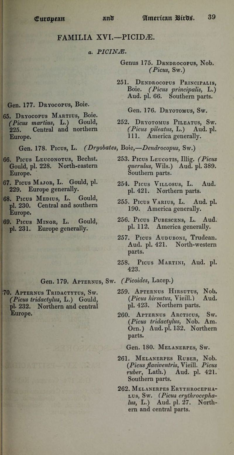 FAMILIA XVI.—PICID.E. a. PICINJE. Genus 175. Dbndrocopus, Nob. (Picus, Sw.) Gen. 177. Dryocopus, Boie. 65. Dryocopus Martius, Boie. ' (Picus martius, L.) Gould, 225. Central and northern l Europe. 251. Dendrocopus Principalis, Boie. (Picus principalis, L.) Aud. pi. 66. Southern parts. Gen. 176. Dryotomus, Sw. 252. Dryotomus Pileatus, Sw. (Picus pileatus, L.) Aud. pi. 111. America generally. Gen. 178. Picus, L. (Dryobates, Boie,—Dendrocopus, Sw.) 66. Picus Leuconotus, Bechst. j Gould, pi. 228. North-eastern Europe. 67. Picus Major, L. Gould, pi. ] 229. Europe generally. 68. Picus Medius, L. Gould, | pi. 230. Central and southern Europe. 69. Picus Minor, L. Gould, ; pi. 231. Europe generally. i f - , ■ Gen. 179. Apternus, Sw. 70. Apternus Tridactytus, Sw. I (Picus tridactylus, L.) Gould, pi. 232. Northern and central Europe. 253. Picus Leucotis, Illig. (Picus querulus, Wils.) Aud. pi. 389. Southern parts. 254. Picus Villosus, L. Aud. pi. 421. Northern parts. 255. Picus Varius, L. Aud. pi. 190. America generally. 256. Picus Pubescens, L. Aud. pi. 112. America generally. 257. Picus Auduboni, Trudean. Aud. pi. 421. North-western parts. 258. Picus Martini, Aud. pi. 423. (Picoides, Lacep.) 259. Apternus Hirsutus, Nob. (Picus hirsutus, ¥16111.1 Aud. pi. 423. Northern parts. 260. Apternus Arcticus, Sw. (Picus tridactylus, Nob. Am. Orn.) Aud.pl. 132. Northern parts. Gen. 180. Melanerpes, Sw. 261. Melanerpes Ruber, Nob. (Picus Jlaviventris, Vieill. Picus ruber, Lath.) Aud. pi. 421. Southern parts. 262. Melanerpes Erythrocepha- lus, Sw. (Picus erythrocepha- lus, L.) Aud. pi. 27. North- ern and central parts.
