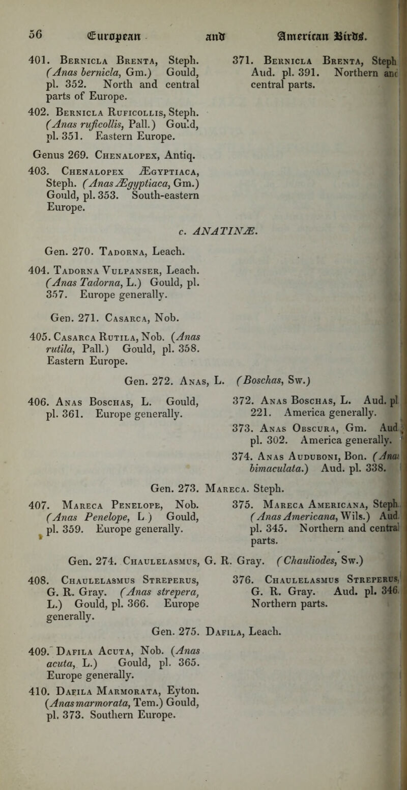 401. Bernicla Brenta, Steph. (Anas bernicla, Gm.) Gould, pi. 352. North and central parts of Europe. 402. Bernicla Ruficollis, Steph. (Anas ruficollis, Pall.) Gould, pi. 351. Eastern Europe. Genus 269. Chenalopex, Antiq. 403. Chenalopex ^Egyptiaca, Steph. (Anas JEgyptiaca, Gm.) Gould, pi. 353. South-eastern Europe. 371. Bernicla Brenta, Steph Aud. pi. 391. Northern ant central parts. c. ANATINJE. Gen. 270. Tadorna, Leach. 404. Tadorna Yulpanser, Leach. (Anas Tadorna, L.) Gould, pi. 357. Europe generally. Gen. 271. Casarca, Nob. 405. Casarca Rutila, Nob. {Anas rutila, Pall.) Gould, pi. 358. Eastern Europe. Gen. 272. Anas, L. (Boschas, Sw.) 406. Anas Boschas, L. Gould, 372. Anas Boschas, L. Aud. pi I pi. 361. Europe generally. 221. America generally. 373. Anas Obscura, Gm. Aud;I pi. 302. America generally. 1 374. Anas Auduboni, Bon. (Anai , bimaculata.) Aud. pi. 338. j Gen. 273. Mareca. Steph. 407. Mareca Penelope, Nob. 375. Mareca Americana, Steph (Anas Penelope, L ) Gould, (Anas Americana, Wils.) Aud pi. 359. Europe generally. pi. 345. Northern and central I parts. Gen. 274. Chaulelasmus, G. R. Gray. (Chauliodes, Sw.) 408. Chaulelasmus Streperus, 376. Chaulelasmus Streperus; G. R. Gray. (Anas strepera, G. R. Gray. Aud. pi. 346 L.) Gould, pi. 366. Europe Northern parts. generally. Gen. 275. Dafila, Leach. 409. Dafila Acuta, Nob. (Anas acuta, L.) Gould, pi. 365. Europe generally. 410. Dafila Marmorata, Eyton. (Anas martnorata, Tern.) Gould, pi. 373. Southern Europe.