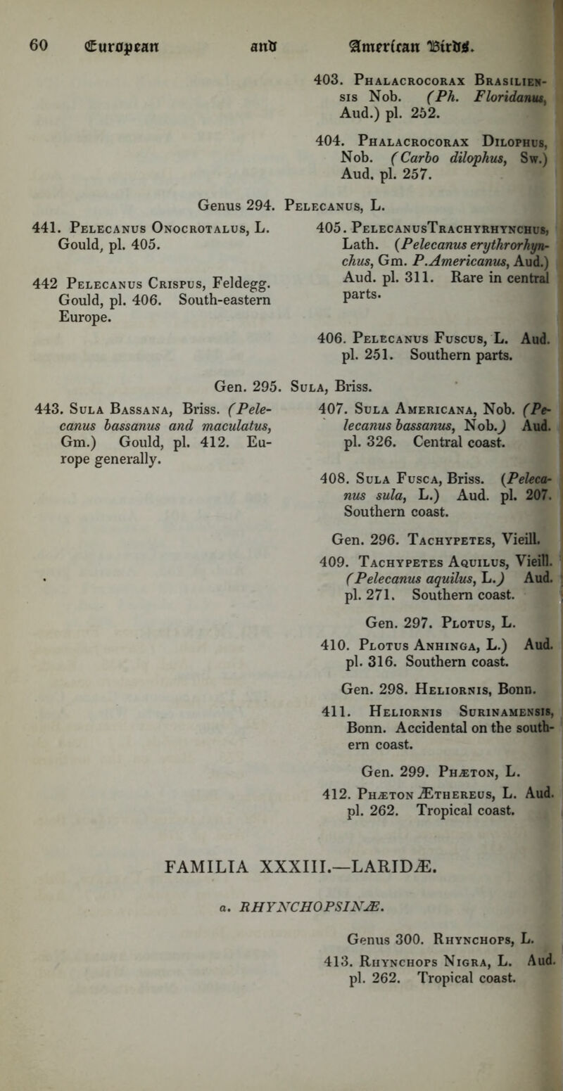 Genus 294. 441. Pelecanus Onocrotalus, L. Gould, pi. 405. 442 Pelecanus Crispus, Feldegg. Gould, pi. 406. South-eastern Europe. 403. Phalacrocorax Brasilien- sis Nob. (Ph. Floridanus, Aud.) pi. 252. 404. Phalacrocorax Dilophus, Nob. (Carbo dilophus, Sw.) Aud. pi. 257. Pelecanus, L. 405. PelecanusTrachyrhynchus, Lath. (Pelecanus erythrorhyn- chus, Gm. P.Americanus, Aud.) Aud. pi. 311. Rare in central parts. 406. Pelecanus Fuscus, L. Aud. pi. 251. Southern parts. Gen. 295. Sula, Briss. 443. Sula Bassana, Briss. (Pele- canus bassanus and maculatus, Gm.) Gould, pi. 412. Eu- rope generally. 407. Sula Americana, Nob. (Pe- lecanus bassanus, Nob.^) Aud. pi. 326. Central coast. 408. Sula Fuse a, Briss. {Peleca- nus sula, L.) Aud. pi. 207. Southern coast. Gen. 296. Tachypetes, Vieill. 409. Tachypetes Aquilus, Vieill. (Pelecanus aquilus, Ij.) Aud. pi. 271. Southern coast. Gen. 297. Plotus, L. 410. Plotus Anhinga, L.) Aud. pi. 316. Southern coast. Gen. 298. Heliornis, Bonn. 411. Heliornis Surinamensis, Bonn. Accidental on the south- ern coast. Gen. 299. Photon, L. 412. Phaeton jEthereus, L. Aud. pi. 262. Tropical coast. FAMILIA XXXIII.—LARIDvE. a. RHYNCHOPSINjE. Genus 300. Rhynchops, L. 413. Rhynchops Nigra, L. Aud. pi. 262. Tropical coast.