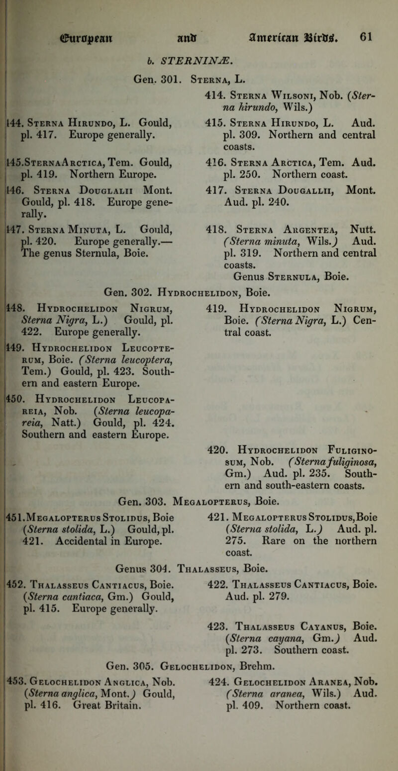 b. STERNINjE. Gen. 301. 144. Sterna Hirundo, L. Gould, pi. 417. Europe generally. 145.Sterna A rctica, Tem. Gould, pi. 419. Northern Europe. Il46. Sterna Douglalii Mont. Gould, pi. 418. Europe gene- rally. 147. Sterna Minuta, L. Gould, pi. 420. Europe generally.— The genus Sternula, Boie. Sterna, L. 414. Sterna Wilsoni, Nob. (<Ster- na hirundo, Wils.) 415. Sterna Hirundo, L. Aud. pi. 309. Northern and central coasts. 416. Sterna Arctica, Tem. Aud. pi. 250. Northern coast. 417. Sterna Dougallii, Mont. Aud. pi. 240. 418. Sterna Argentea, Nutt. (Sterna minuta, Wils. j Aud. pi. 319. Northern and central coasts. Genus Sternula, Boie. Gen. 302. Hydrochelidon. Boie. 448. Hydrochelidon Nigrum, Sterna Nigra, L.) Gould, pi. 422. Europe generally. |149. Hydrochelidon Leucopte- rum, Boie. (Sterna leucoptera, Tem.) Gould, pi. 423. South- ern and eastern Europe. 450. Hydrochelidon Leucopa- reia, Nob. (Sterna leucopa- reia, Natt.) Gould, pi. 424. Southern and eastern Europe. 419. Hydrochelidon Nigrum, Boie. (Sterna Nigra, L.) Cen- tral coast. 420. Hydrochelidon Fuligino- sum, Nob. (Sternafuliginosa, Gm.) Aud. pi. 235. South- ern and south-eastern coasts. Gen. 303. Megalopterus, Boie. 451.Megalopterus Stolidus, Boie {Sterna stolida, L.) Gould, pi. 421. Accidental in Europe. 421. Megalopterus Stolidus,Boie (Sterna stolida, L.) Aud. pi. 275. Rare on the northern coast. Genus 304. Tiialasseus, Boie. 452. Thalasseus Cantiacus, Boie. 422. Thalasseus Cantiacus, Boie. (Sterna cantiaca, Gm.) Gould, Aud. pi. 279. pi. 415. Europe generally. 423. Thalasseus Cayanus, Boie. (Sterna cayana, Gm.) Aud. pi. 273. Southern coast. Gen. 305. Gelochelidon, Brehm. 453. Gelochelidon Anglica, Nob. 424. Gelochelidon Aranea, Nob. (Sterna anglica, Mont.) Gould, (Sterna aranea, Wils.) Aud. pi. 416. Great Britain. pi. 409. Northern coast.