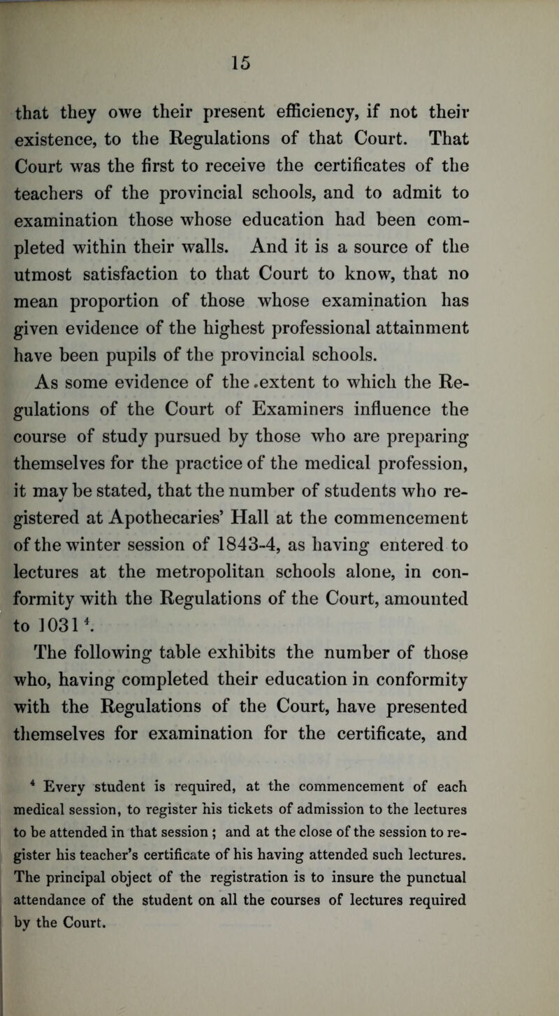 that they owe their present efficiency, if not their existence, to the Regulations of that Court. That Court was the first to receive the certificates of the teachers of the provincial schools, and to admit to examination those whose education had been com- pleted within their walls. And it is a source of the utmost satisfaction to that Court to know, that no mean proportion of those whose examination has given evidence of the highest professional attainment have been pupils of the provincial schools. As some evidence of the .extent to which the Re- gulations of the Court of Examiners influence the course of study pursued by those who are preparing themselves for the practice of the medical profession, it may be stated, that the number of students who re- gistered at Apothecaries’ Hall at the commencement of the winter session of 1843-4, as having entered to lectures at the metropolitan schools alone, in con- formity with the Regulations of the Court, amounted to 1031k The following table exhibits the number of those who, having completed their education in conformity with the Regulations of the Court, have presented tliemselves for examination for the certificate, and * Every student is required, at the commencement of each medical session, to register his tickets of admission to the lectures to be attended in that session ; and at the close of the session to re- gister his teacher’s certificate of his having attended such lectures. The principal object of the registration is to insure the punctual attendance of the student on all the courses of lectures required by the Court.