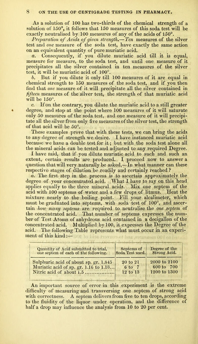 As a solution of 100 has two-thirds of the chemical strength of a solution of 150°, it follows that 150 measures of this soda test will be exactly neutralised by 100 measures of any of the acids of 150°. Preparation of Acids of given strength.— Ten measures of the silver test and one measure of the soda test, have exactly the same action on an equivalent quantity of pure muriatic acid. a. Consequently, if you dilute muriatic acid till it is equal, measure for measure, to the soda test, and until one measure of it precipitates all the silver contained in ten measures of the silver test, it will be muriatic acid of 100°. b. But if you dilute it only till 100 measures of it are equal in chemical strength to 150 measures of the soda test, and if you then find that one measure of it will precipitate all the silver contained in fifteen measures of the silver test, the strength of that muriatic acid will be 150°. c. If on the contrary, you dilute the muriatic acid to a still greater degree, and stop at the point where 100 measures of it will saturate only 50 measures of the soda test, and one measure of it will precipi- tate all the silver from only five measures of the silver test, the strength of that acid will be 50°. These examples prove that with these tests, we can bring the acids to any degree of strength we desire. I have instanced muriatic acid because we have a double test for it; but with the soda test alone all the mineral acids can be tested and adjusted to any required Degree. I have said, that if you dilute muriatic acid to such and such an extent, certain results are produced. I proceed now to answer a question that will very naturally be asked,—In what manner can these respective stages of dilution be readily and certainly reached ? a. The first step in the process is to ascertain approximately the degree of your concentrated acid. What I have to say on this head applies equally to the three mineral acids. Mix one septem of the acid with 100 septems of water and a few drops of litmus. Heat the mixture nearly to the boiling point. Fill your alcalimeter, which must be graduated into septems, with soda test of 100°, and ascer- tain how many septems are required to neutralise the one septem of the concentrated acid. That number of septems expresses the num- ber of Test Atoms of anhydrous acid contained in a decigallon of the concentrated acid. Multiplied by 100, it expresses the Degree of the acid. The following Table represents what must occur in an experi- ment of this kind:— Quantity of Acid submitted to trial, oue septem of each of the following. Septems of Soda Test used. Degree of the Strong Acid. Sulphuric acid of about sp. gr. 1.845 Muriatic acid of sp. gr. 1.1G to 1.18... Nitric acid of about 1.5 20 to 21 6 to 7 12 to 13 2000 to 2100 600 to 700 1200 to 1300 An important source of error in this experiment is the extreme difficulty of measuring and transversing one septem of strong acid with correctness. A septem delivers from five to ten drops, according to the fluidity of the liquor under operation, and the difference of half a drop may influence the analysis from 10 to 20 per cent.