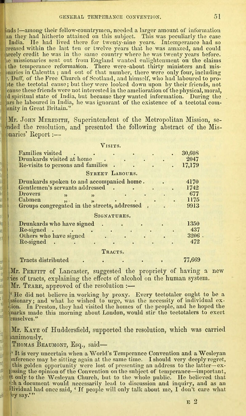 finds !—among their fellow-countrymen, needed a larger amount of information an they had hitherto attained on this subject. This was peculiarly the case India. He had lived there for twenty-nine years. Intemperance had so creased within the last ten or twelve years that he was amazed, and could ireely credit he was in the same country where he was twenty years before, ne missionaries sent out from England wanted enlightenment on the claims the temperance reformation. There were-about thirty ministers and mis- maries in Calcutta ; and out of that number, there were only four, including ’. Duff, of the Free Church of Scotland, and himself, who had laboured to pro- ite the teetotal cause; but they were looked down upon by their friends, not cause these friends were not interested in the amelioration of the physical, moral, Id spiritual state of India, but because they wanted information. During the jars he laboured in India, he was ignorant of the existence of a teetotal corn- unity in Great Britain.” Mr. John Meredith, Superintendent of the Metropolitan Mission, se- ided the resolution, and presented the following abstract of the Mis- imaries’ Report:— Visits. Families visited .... Drunkards visited at home Re-visits to persons and families . Street Labours. Drunkards spoken to and accompanied home. Gentlemen’s servants addressed Drovers „ „ Cabmen ,,. „ Groups congregated in the streets, addressed Signatures. Drunkards who have signed Re-signed ..... Others who have signed Re-signed ..... Tracts. Tracts distributed . . . . 30,608 2047 17,179 4170 1742 677 1175 9913 1350 437 3206 472 77,669 Mr. Perfitt of Lancaster, suggested the propriety of having a new ies of tracts, explaining the effects of alcohol on the human system. Mr. Teare, approved of the resolution :— ‘ He did not believe in working by proxy. Every teetotaler ought to be a isionary; and what he wished to urge, was the necessity of individual ex- ion. In Preston, they had visited the homes of the people, and he hoped the arks made this morning about London, would stir the teetotalers to exert cmselves.” Mr. Kaye of Huddersfield, supported the resolution, which was carried animously. ^iiomas Beaumont, Esq., said— ‘ It is very uncertain when a World’s Temperance Convention and a Wesleyan inference may be sitting again at the same time. I should very deeply regret, this golden opportunity were lost of presenting an address to the latter—ex- issing the opinion of the Convention on the subject of temperance—important, only to the Wesleyan Church, but to the whole public. He believed that h a document would necessarily lead to discussion and inquiry, and as an lividual had once said, ‘ If people will only talk about me, I don’t care what y say.’ ” E 2