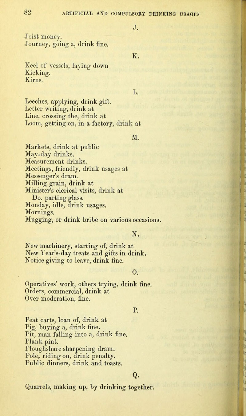 J. Joist money. Journey, going a, drink fine. K. Keel of vessels, laying down Kicking. Kirns. L. Leeches, applying, drink gift. Letter writing, drink at Line, crossing the, drink at Loom, getting on, in a factory, drink at M. Markets, drink at public May-day drinks. Measurement drinks. Meetings, friendly, drink usages at Messenger’s dram. Milling grain, drink at Minister’s clerical visits, drink at Do. parting glass. Monday, idle, drink usages. Mornings. Mugging, or drink bribe on various occasions. N. New machinery, starting of, drink at New Year’s-day treats and gifts in drink. Notice giving to leave, drink fine. O. Operatives’ work, others trying, drink fine. Orders, commercial, drink at Over moderation, fine. P. Peat carts, loan of, drink at Pig, buying a, drink fine. Pit, man falling into a, drink fine. Plank pint. Ploughshare sharpening dram. Pole, riding on, drink penalty. Public dinners, drink and toasts. Q. Quarrels, making up, by drinking together.