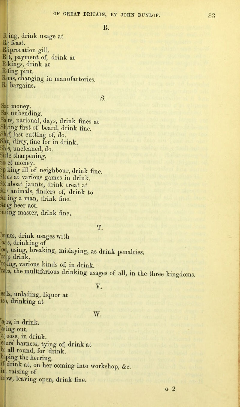 R. R ing, drink usage at feast, iprocation gill, t, payment of, drink at [kings, drink at ling pint. ms, changing in manufactories. bargains. S. money. 3 unbending. ts, national, days, drink fines at dng first of beard, drink fine, if, last cutting of, do. Slit, dirty, fine for in drink. Sh 3tl HI' u nts. s, uncleaned, do Side sharpening. So- et money. Sp king ill of neighbour, drink fine. |es at various games in drink, nboat jaunts, drink treat at animals, finders of, drink to iing a man, drink fine. ig beer act. ing master, drink fine. T. i, drink usages with ;s, drinking of , using, breaking, mislaying, as drink penalties, p drink. ing, various kinds of, in drink. s,the multifarious drinking usages of all, in the three kingdoms. esls, unlading, liquor at “ i, drinking at > rs, in drink. V. w. ing out. oose, in drink. e;ers’ harness, tying of, drink at all round, for drink, ping the herring. drink at, on her coming into workshop, &c. raising of irbw, leaving open, drink fine. a 2