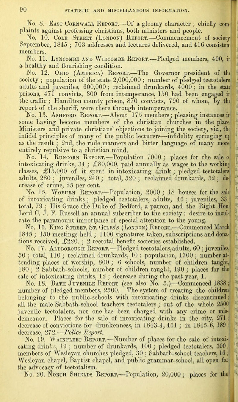 r No. 8. East Cornwall Retort.—Of a gloomy character ; chiefly com plaints against professing Christians, both ministers and people. No. 10. Cole Street (London) Report.—Commencement of society September, 1845 ; 703 addresses and lectures delivered, and 416 consisten members. No. 11. Lyncombe and Widcombe Report,—Pledged members, 400, ii a healthy and flourishing condition. No. 12. Ohio (America) Report.—The Governor president of tin society ; population of the state 2,000,000 ; number of pledged teetotalers adults and juveniles, 600,000; reclaimed drunkards, 4000 ; in the stab prisons, 471 convicts, 300 from intemperance, 150 had been engaged ii the traffic ; Hamilton county prison, 870 convicts, 790 of whom, by tin report of the sheriff, were there through intemperance. No. 13. Ashford Report.—About 175 members; pleasing instances ii some having become members of the Christian churches in the place Ministers and private Christians’ objections to joining the society, viz., the infidel principles of many of the public lecturers—infidelity springing uj as the result ; 2nd, the rude manners and bitter language of many more entirely repulsive to a Christian mind. No. 14. Runcorn Report.—Population 7000 ; places for the sale o intoxicating drinks, 34 ; £80,000. paid annually as wages to the working classes, £15,000 of it spent in intoxicating drink ; pledged-teetotalers adults, 280 ; juveniles, 240 ; total, 520 ; reclaimed drunkards, 32 ; de- crease of crime, 25 per cent. No. 15. Woburn Report.—Population, 2000 ; 18 houses for the salt of intoxicating drinks; pledged teetotalers, adults, 46 ; juveniles, 33 total, 79 ; His Grace the l)uke of Bedford, a patron, and the Right Hon, Lord C. J. P. Russell an annual subscriber to the society : desire to incul- cate the paramount importance of special attention to the young. No. 16. King Street, St. Giles’s (London) Report.—Commenced Marcl) 1845 ; 150 meetings held ; 1100 signatures taken, subscriptions and dona- tions received, £220. ; 2 teetotal benefit societies established. No. 17. Aldborougii Report.—Pledged teetotalers,adults, 60 ; juveniles, 50 ; total, 110 ; reclaimed drunkards, 10 : population, 1700 ; number at- tending places of worship, 800 ; 6 schools, number of children taught. 180; 2 Sabbath-schools, number of children taught, 190 ; places for the sale of intoxicating drinks, 12 ; decrease during the past year, 1. No. 18. Bath Juvenile Report (see also No. 5.)—Commenced 1838; number of pledged members, 2500. The system of treating the children belonging to the public-schools with intoxicating drinks discontinued; all the male Sabbath-school teachers teetotalers ; out of the whole 2500 juvenile teetotalers, not one has been charged with any crime or mis- demeanor. Places for the sale of intoxicating drinks in the city, 271 : decrease of convictions for drunkenness, in 1843-4, 461 ; in 1845-6, 180 : decrease, 272.-—Police Report. No. 19. Wainfleet Report.—Number of places for the sale of intoxi- cating drinks, 19; number of drunkards, 100; pledged teetotalers, 300 : members of Wesleyan churches pledged, 30 ; Sabbath-school teachers, 10 ; Wesleyan chapel, Baptist chapel, and public grammar-school, all open for the advocacy of teetotalism. No. 20. North Shields Report.—Population, 20,000; places for the k it,