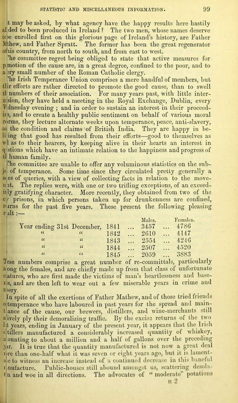 t may be asked, by what agency have the happy results here hastily al ded to been produced in Ireland ? The two men, whose names deserve toe enrolled first on this glorious page of Ireland’s history, are Father M.bhew, and Father Spratt. The former has been the great regenerator oiris country, from north to south, and from east to west. ’he committee regret being obliged to state that active measures for motion of the cause are, in a great degree, confined to the poor, and to 3ry small number of the Roman Catholic clergy. ’he Irish Temperance Union comprises a mere handful of members, but tlir efforts are rather directed to promote the good cause, than to swell tl numbers of their association. For many years past, with little inter- sion, they have held a meeting in the Royal Exchange, Dublin, every V dnesday evening ; and in order to sustain an interest in their proceed- iis, and to create a healthy public sentiment on behalf of various moral rorms, they lecture alternate weeks upon temperance, peace, anti-slavery, ai the condition and claims of British India. They are happy in be- li ring that good has resulted from their efforts—good to themselves as wl as to their hearers, by keeping alive in their hearts an interest in q stions which have an intimate relation to the happiness and progress of tl human family. ’he committee are unable to offer any voluminous statistics on the sub- J£< of temperance. Some time since they circulated pretty generally a sc es of queries, with a view of collecting facts in relation to the move- nt. The replies were, with one or two trifling exceptions, of an exceed- ly gratifying character. More recently, they obtained from two of the r prisons, in which persons taken up for drunkenness are confined, rrns for the past five years. These present the following pleasing ult atures, who are first made the victims of man’s heartlessness and base- ;s, and are then left to wear out a few miserable years in crime and eery. In spite of all the exertions of Father Mathew, and of those tried friends temperance who have laboured in past years for the spread and main- ance of the cause, our brewers, distillers, and wine-merchants still ively ply their demoralizing traffic. By the excise returns of the two t years, ending in January of the present year, it appears that the Irish tillers manufactured a considerably increased quantity of whiskey, ounting to about a million and a half of gallons over the preceding tr. It is true that the quantity manufactured is not now a great deal re than one-half what it was seven or eight years ago, but it is lament- e to witness an increase instead of a continued decrease in this baneful nufacture. Public-houses still abound amongst us, scattering desola- n and woe in all directions. The advocates of “ moderate” potations h 2 Year ending 31st December, 1841 Males. ... 3457 Females. ... 4786 CC CC 1842 ... 2610 ... 4147 CC CC 1843 ... 2554 ... 4246 cc CC 1844 ... 2507 ... 4520 cc CC 1845 ... 2059 ... 3883 numbers comprise a great number of re-committals, particularly
