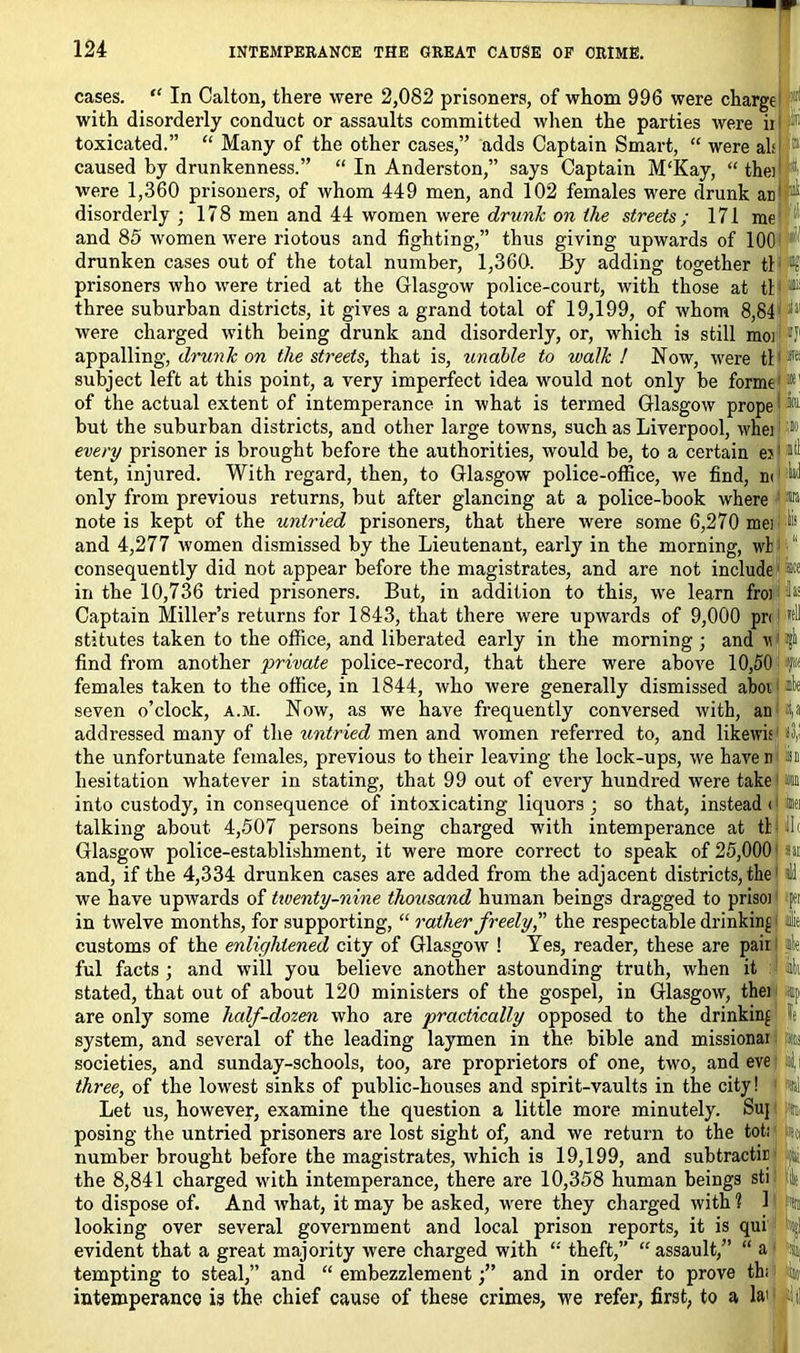 cases. “ In Calton, there were 2,082 prisoners, of whom 996 were charge with disorderly conduct or assaults committed when the parties were ii toxicated.” “ Many of the other cases,” adds Captain Smart, “ were alf caused by drunkenness.” “ In Anderston,” says Captain M‘Kay, “ thei were 1,360 prisoners, of whom 449 men, and 102 females were drunk ar disorderly ; 178 men and 44 women were drunk on ike streets; 171 me and 85 women were riotous and fighting,” thus giving upwards of 100 n drunken cases out of the total number, 1,360. By adding together tl prisoners who were tried at the Glasgow police-court, with those at tl • three suburban districts, it gives a grand total of 19,199, of whom 8,84 were charged with being drunk and disorderly, or, which is still moi appalling, drunk on the streets, that is, unable to walk ! Now, were tl subject left at this point, a very imperfect idea would not only be formt of the actual extent of intemperance in what is termed Glasgow prope but the suburban districts, and other large towns, such as Liverpool, whei every prisoner is brought before the authorities, would be, to a certain e> tent, injured. With regard, then, to Glasgow police-office, we find, n< only from previous returns, but after glancing at a police-book where 1 * note is kept of the untried prisoners, that there were some 6,270 mei and 4,277 women dismissed by the Lieutenant, early in the morning, wl i consequently did not appear before the magistrates, and are not include ® in the 10,736 tried prisoners. But, in addition to this, we learn froj Captain Miller’s returns for 1843, that there were upwards of 9,000 pr< fell stitutes taken to the office, and liberated early in the morning ; and v $ find from another private police-record, that there were above 10,50 p females taken to the office, in 1844, who were generally dismissed aboiO^e seven o’clock, a.m. Now, as we have frequently conversed with, an it, a addressed many of the untried men and women referred to, and likewi; C,' the unfortunate females, previous to their leaving the lock-ups, we have n in hesitation whatever in stating, that 99 out of every hundred were take1 « into custody, in consequence of intoxicating liquors ; so that, instead < hi talking about 4,507 persons being charged with intemperance at tl Ih Glasgow police-establishment, it were more correct to speak of 25,000 m and, if the 4,334 drunken cases are added from the adjacent districts, the1 i we have upwards of twenty-nine thousand human beings dragged to prisoi f. in twelve months, for supporting, “ rather freely, the respectable drinking ilie customs of the enlightened city of Glasgow ! Yes, reader, these are pair! §k ful facts ; and will you believe another astounding truth, when it I ik stated, that out of about 120 ministers of the gospel, in Glasgow, the) ;ip are only some half-dozen who are practically opposed to the drinking It system, and several of the leading laymen in the bible and missionai » societies, and sunday-schools, too, are proprietors of one, two, and eve three, of the lowest sinks of public-houses and spirit-vaults in the city! til Let us, however, examine the question a little more minutely. Suj %, posing the untried prisoners are lost sight of, and we return to the tot: it# number brought before the magistrates, which is 19,199, and subtracts the 8,841 charged with intemperance, there are 10,358 human beings sti 1 Ik to dispose of. And what, it may be asked, were they charged with 1 1 ^ looking over several government and local prison reports, it is qui evident that a great majority were charged with “ theft,” “assault,” “ a Ft tempting to steal,” and “ embezzlementand in order to prove th; intemperance is the chief cause of these crimes, we refer, first, to a lai ii I