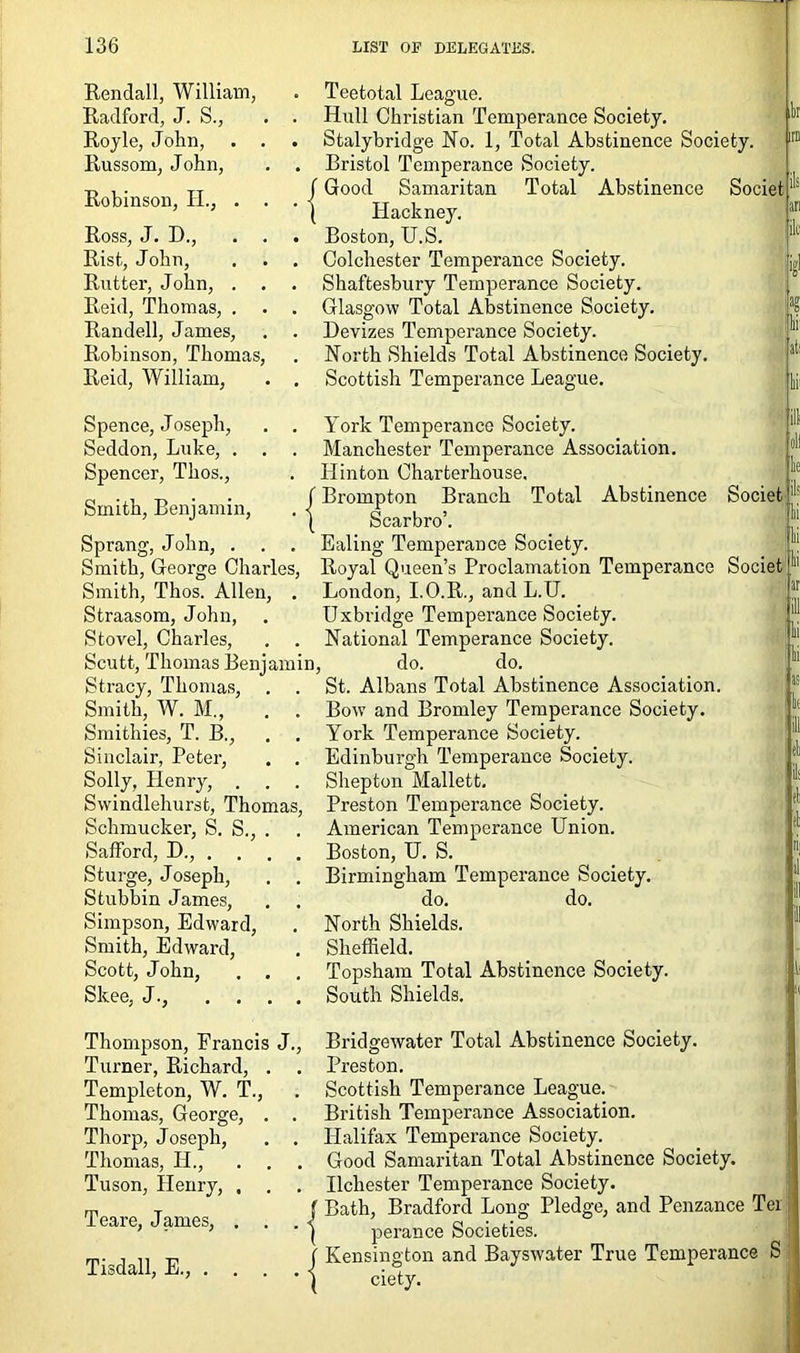 Rendall, William, Radford, J. S., Royle, John, . . Russom, John, Robinson, H., . . Ross, J. D., . . Rist, John, Rutter, John, . . Reid, Thomas, . . Randell, James, Robinson, Thomas, Reid, William, . Teetotal League. $ . Hull Christian Temperance Society. . Stalybridge No. 1, Total Abstinence Society. 1111 . Bristol Temperance Society. f Good Samaritan Total Abstinence Societ ‘ ( Hackney. ® . Boston, U.S. c . Colchester Temperance Society. jg] . Shaftesbury Temperance Society. . Glasgow Total Abstinence Society. . Devizes Temperance Society. North Shields Total Abstinence Society. . Scottish Temperance League. Ij Spence, Joseph, . . Seddon, Luke, . . . Spencer, Thos., Smith, Benjamin, . j Sprang, John, . . . Smith, George Charles, Smith, Thos. Allen, . Straasom, John, Stovel, Charles, Scutt, Thomas Benjamin, Stracy, Thomas, . . Smith, W. M„ . . Smithies, T. B., Sinclair, Peter, . . Solly, Plenry, . . . Swindlehurst, Thomas, Schmucker, S. S., . Salford, D., .... Sturge, Joseph, Stubbin James, Simpson, Edward, Smith, Edward, Scott, John, . . Skee, J., .... York Temperance Society. Manchester Temperance Association. Hinton Charterhouse, Brompton Branch Total Abstinence Scarbro’. Ealing Temperance Society. Royal Queen’s Proclamation Temperance London, I.O.R., and L.U. Uxbridge Temperance Society. National Temperance Society, do. do. St. Albans Total Abstinence Association. Bow and Bromley Temperance Society. York Temperance Society. Edinburgh Temperance Society. Shepton Mallett. Preston Temperance Society. American Temperance Union. Boston, U. S. Birmingham Temperance Society. do. do. North Shields. Sheffield. Topsham Total Abstinence Society. South Shields. ill ol! he Societ hi hi Societ j1' ar | ! hi IS' hi 'll i'h ih. (1. rt lii J ill ill i Thompson, Francis Turner, Ptichard, . Templeton, W. T., Thomas, George, . Thorp, Joseph, Thomas, Id., . . Tuson, Henry, , Teare, James, . . J., •{ Bridgewater Total Abstinence Society. Preston. Scottish Temperance League. British Temperance Association. Halifax Temperance Society. Good Samaritan Total Abstinence Society. Ilchester Temperance Society. Bath, Bradford Long Pledge, and Penzance Tei perance Societies. Kensington and Bayswater True Temperance S ciety. Tisdall, E., . .