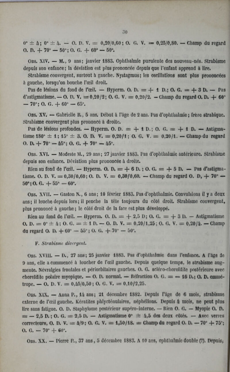 o* ± h ; 0° ± 4. — O. D. V. = 0,20/0,60 ; O. G. V. =~ 0,25/0,80. — Champ du regard O. D. -f- 70° — 50°; O. G. -f- 60“ — 50°. Obs. XIV. — M., 9 ans; janvier 1883. Ophthalmie purulente des nouveau-nés. Strabisme depuis son enfance; la déviation est plus prononcée depuis que l’enfant apprend à lire. Strabisme convergent, surtout à gauche. Nystagraus; les oscillations sont plus prononcées à gauche, lorsqu’on bouche l’œil droit. Tas de lésions du fond de l’œil. — Hyperm. O. D. = -f- 1 D.; O. G. = -f 3 D. — Pas d’astigmatisme. — O. D. V. =0,20/2; O. G. V. = 0,20/2. —Champ du regard O. D. -f- 66 — 70°; O. G. + 60° — 65°. Obs. XV. — Gabrielle B., 5 ans. Début à l’âge de 2ans. Pas d’ophthalmie; frère strabique. Strabisme convergent plus prononcé à droite. Pas de lésions profondes. — Hyperm. O. D. = + 1 D.; O. G. a + ! D, - Astigma- tisme 180° ± 1; 15° ± 3. O. D. V. =0,20/1; O. G. V. = 0,20/1. — Champ du regard O. D. 4- 70° — 45°; O. G. 4- 70° — 65°. Obs. XVI. — Modeste M., 29 ans; 27 janvier 1883. Pas d’ophlhalmie antérieure. Strabisme depuis son enfance. Déviation plus prononcée à droite. Rien au fond de l’œil. — Hyperm. O. D. = 4- 6 D. ; O. G. = 4- 5 D. — l'as d’astigma- tisme. O. D. V. =0,30/0,60; O. D. V. = 0,30/0,60. — Champ du regard O. D, -f 70° — 50°; O. G. 4-55° —60°. Obs. XVII. — Gaston N., 6 ans; 10 février 1883. Pas d’ophlhalmie. Convulsions il y a deux ans; il louche depuis lors; il penche la tête toujours du côté droit. Strabisme convergent, plus prononcé à gauche ; le côté droit de la face est plus développé. Rien au fond de l’œil. — Hyperm. 0. D. = 4- 2,5 D; O. G. = 4- 3 D. — Astigmatisme O. D. = 0° ± 4 ; O. G. = ± 1 D. — 0. D. V. = 0,20/1,25 ; O. G. V. = 0,20/4. — Champ du regard O. D. 4- 60° — 55“ ; O. G. 4- 70“ - 50°. F. Strabisme divergent. Obs. XVIII. — D., 27 ans; 25 janvier 1883. Pas d’ophthalmie dans l’enfance. A l'âge de 9 ans, elle a commencé à loucher de l’œil gauche. Depuis quelque temps, le strabisme aug- mente. Névralgies frontales et périorbilaires gauches. O. G. scléro-choroldilc postérieure avec choroïditc polaire myopique. — O. D. normal. — Réfraction O. G. = — 16 D.; O. D. emmé- trope. — O. D. V. = 0,45/0,50; O. G. V. = 0,10/2,25. Obs. XIX. — Anna P., 14 ans; 21 décembre 1882. Depuis l’âge de 6 mois, strabisme externe de l’œil gauche. Kératites phlycténulaires, néphélions. Depuis 4 mois, ne peut plus lire sans fatigue. O. D. Staphylomc postérieur supéro-inteme. — Rien O. G. — Myopie O. D. = — 2,5 D. ; O. G. = 2,5 D. — Astigmatisme 0° ± 4,5 des deux côtés. — Avec verres correcteurs, O. D. V. = 4/9; O. G. V. = 1,50/18. = Champ du regard O. D. — 70° 4- 75; O. G. — 70° 4- 60°. Obs. XX. — Pierre P., 37 ans, 5 décembre 1883. A 10 ans, ophthalmie double (?). Depuis*