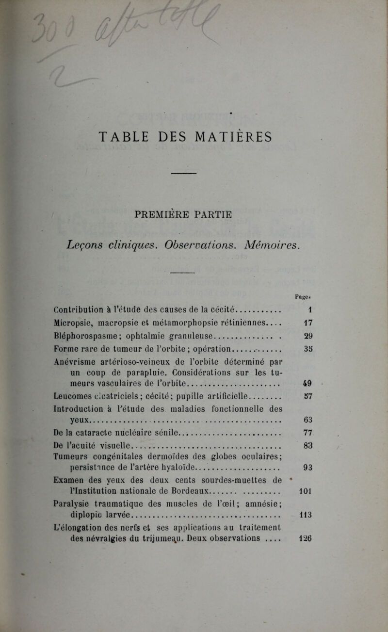 /O # U TABLE DES MATIÈRES PREMIÈRE PARTIE Leçons cliniques. Obseroaiions. Mémoires. Page« Contribution à l’étude des causes de la cécité 1 Micropsie, macropsie et métamorphopsie rétiniennes 17 Bléphorospasme; ophtalmie granuleuse . 29 Forme rare de tumeur de l’orbite ; opération - 35 Anévrisme artérioso-veineux de l’orbite déterminé par un coup de parapluie. Considérations sur les tu- meurs vasculaires de l’orbite 49 Leucomes cicatriciels ; cécité ; pupille artificielle 57 Introduction à Fétude des maladies fonctionnelle des yeux 63 De la cataracte nucléaire sénile 77 De l’acuité visuelle 83 Tumeurs congénitales dermoïdes des globes oculaires; persistance de l’artère hyaloïde.. 93 Examen des yeux des deux cents sourdes-muettes de * l’Institution nationale de Bordeaux 101 Paralysie traumatique des muscles de l’œil; amnésie; diplopie larvée 113 L’élongation des nerfs et ses applications au traitement des névralgies du trijumeau. Deux observations .... 126