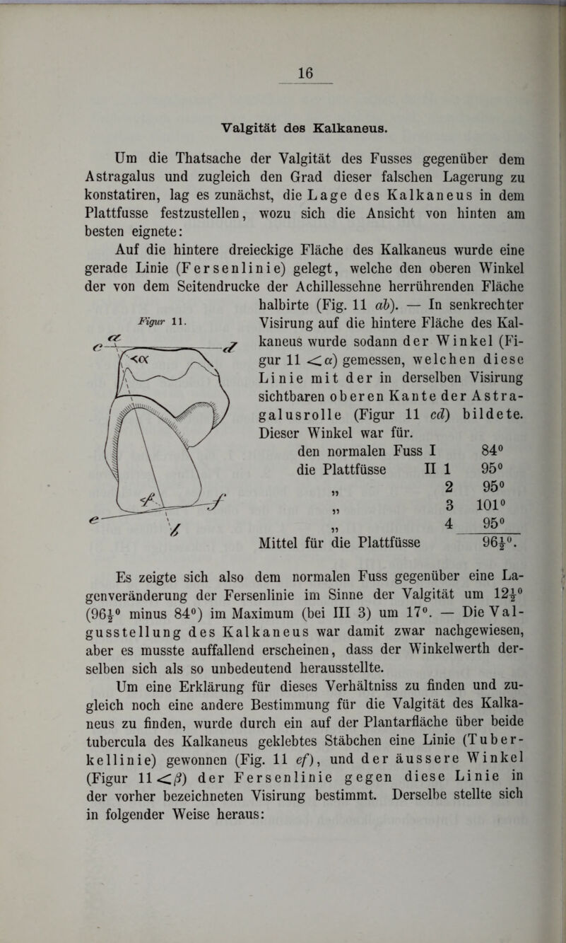 Valgität des Kalkaneus. Um die Thatsache der Valgität des Fusses gegenüber dem Astragalus und zugleich den Grad dieser falschen Lagerung zu konstatiren, lag es zunächst, die Lage des Kalkaneus in dem Plattfusse festzustellen, wozu sich die Ansicht von hinten am besten eignete: Auf die hintere dreieckige Fläche des Kalkaneus wurde eine gerade Linie (F e r s e n 1 i n i e) gelegt, welche den oberen Winkel der von dem Seitendrucke der Achillessehne herrührenden Fläche Es zeigte sich also dem normalen Fuss gegenüber eine La- genveränderung der Fersenlinie im Sinne der Valgität um minus 84®) im Maximum (bei III 3) um 17®. — Die Val- gusstellung des Kalkaneus war damit zwar nachgewiesen, aber es musste auffallend erscheinen, dass der Winkelwerth der- selben sich als so unbedeutend herausstellte. Um eine Erklärung für dieses Verhältniss zu finden und zu- gleich noch eine andere Bestimmung für die Valgität des Kalka- neus zu finden, wurde durch ein auf der Plantarfläche über beide tubercula des Kalkaneus geklebtes Stäbchen eine Linie (Tuber- kel 1 i n i e) gewonnen (Fig. 11 ef)^ und der äussere Winkel (Figur \K,ß) der Fersenlinie gegen diese Linie in der vorher bezeichneten Visirung bestimmt. Derselbe stellte sich in folgender Weise heraus: Figur 11. halbirte (Fig. 11 a&). — In senkrechter Visirung auf die hintere Fläche des Kal- kaneus wurde sodann der Winkel (Fi- gur 11 <Ca) gemessen, welchen diese Linie mit der in derselben Visirung sichtbaren oberen Kante der Astra- galusrolle (Figur 11 cd) bildete. Dieser Winkel war für. den normalen Fuss I 84® die Plattfüsse II 1 95® Mittel für die Plattfüsse .