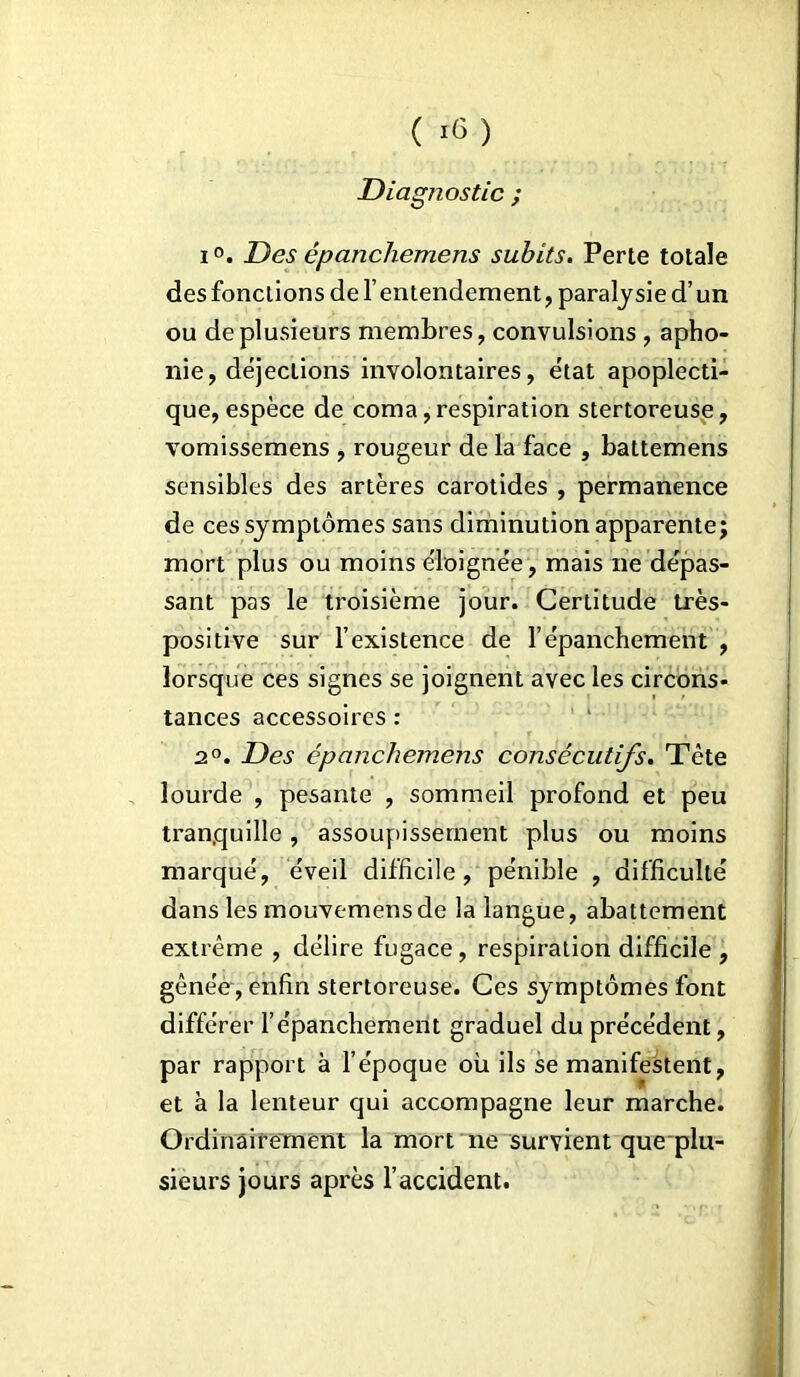 Diagnostic ; i Des épanchemens subits. Perte totale des fonctions de 1’ entendement, paralysie d’un ou de plusieurs membres, convulsions , apho- nie, déjections involontaires, état apoplecti- que, espèce de coma, respiration stertoreuse, vomissemens , rougeur de la face , battemens sensibles des artères carotides , permanence de ces symptômes sans diminution apparente; mort plus ou moins éloignée, mais ne dépas- sant pas le troisième jour. Certitude très- positive sur l’existence de l’épanchement , lorsque ces signes se joignent avec les circons- tances accessoires : 2°. Des épanchemens consécutifs. Tète lourde , pesante , sommeil profond et peu tranquille, assoupissement plus ou moins marqué, éveil difficile, pénible , difficulté dans les mouvemensde la langue, abattement extrême , délire fugace, respiration difficile , gênée, enfin stertoreuse. Ces symptômes font différer l’épanchement graduel du précédent, par rapport à l’époque où ils se manifestent, et à la lenteur qui accompagne leur marche. Ordinairement la mort ne survient que plu- sieurs jours après l’accident.