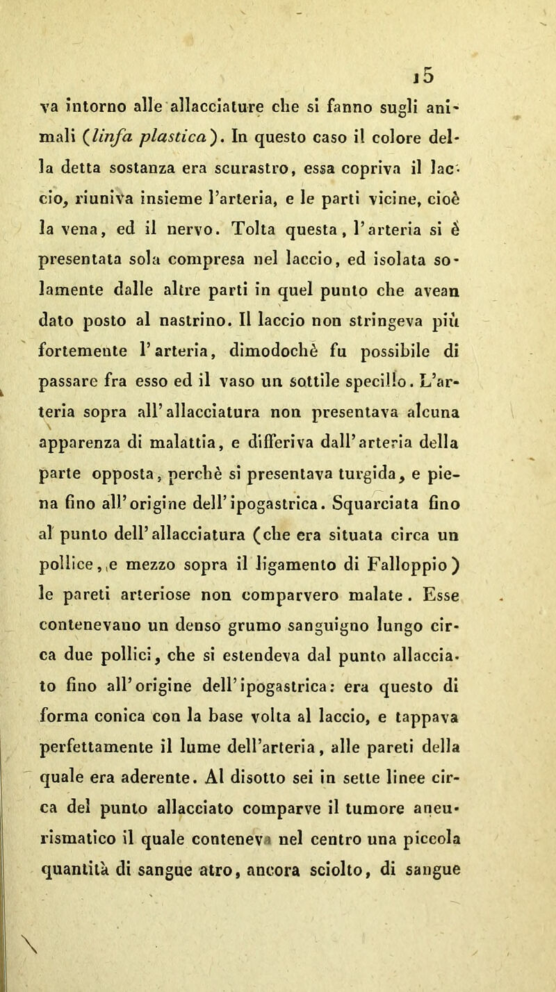 j5 va intorno alle allacciature che si fanno sugli ani' mali (linfa plastica'). In questo caso il colore del- la detta sostanza era scurastro, essa copriva il lac- cio, riuniva insieme l’arteria, e le parti vicine, cioè la vena, ed il nervo. Tolta questa, l’arteria si è presentata sola compresa nel laccio, ed isolata so- lamente dalle altre parti in quel punto che avean dato posto al nastrino. Il laccio non stringeva più fortemente l’arteria, dimodoché fu possibile di passare fra esso ed il vaso un sottile specillo. L’ar- teria sopra all’allacciatura non presentava alcuna \ apparenza di malattia, e differiva dall’arteria della parte opposta, perchè si presentava turgida, e pie- na fino all’origine dell’ipogastrica. Squarciata fino al punto dell’allacciatura (che era situata circa un pollicele mezzo sopra il ligamento di Falloppio) le pareti arteriose non comparvero malate . Esse contenevano un denso grumo sanguigno lungo cir- ca due pollici, che si estendeva dal punto allaccia- to fino all’origine dell’ipogastrica: era questo di forma conica con la base volta al laccio, e tappava perfettamente il lume dell’arteria, alle pareti della quale era aderente. Al disotto sei in sette linee cir- ca del punto allacciato comparve il tumore aneu- rismatico il quale contenev nel centro una piccola quantità di sangue atro, ancora sciolto, di sangue