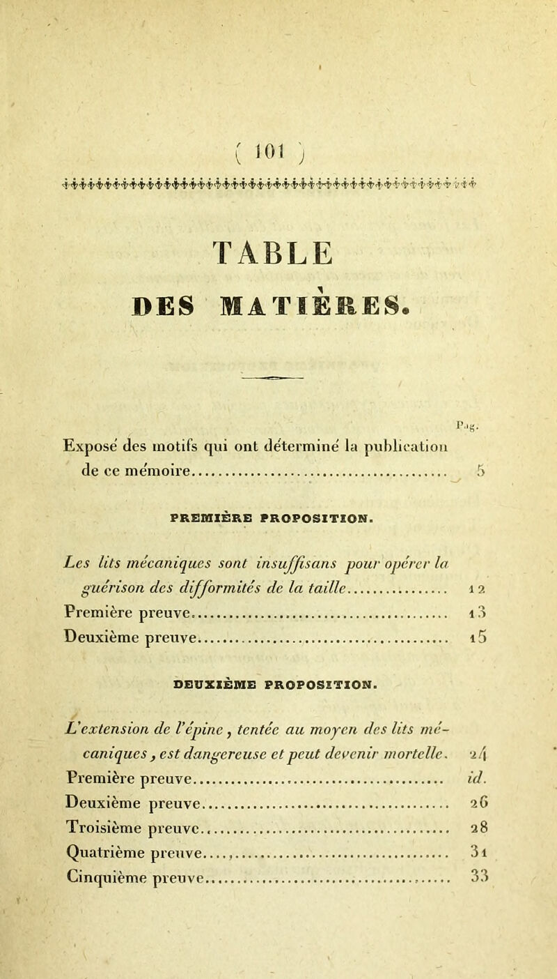 4444444444À4444444444+444444444444444444444444v44 TABLE DES MATIÈRES. P,ig. Expose des motifs qui ont détermine la publication de ce mémoire 5 PREMIÈRE PROPOSITION. Les lits mécaniques sont insujjisans pour opérer la guérison des difformités de la taille 12 Première preuve. i3 Deuxième preuve i5 DEUXIÈME PROPOSITION. L'extension de l’épine, tentée au moyen des lits mé- caniques , est dangereuse et peut devenir mortelle. 24 Première preuve id. Deuxième preuve 2G Troisième preuve 28 Quatrième preuve. 31 Cinquième preuve 33