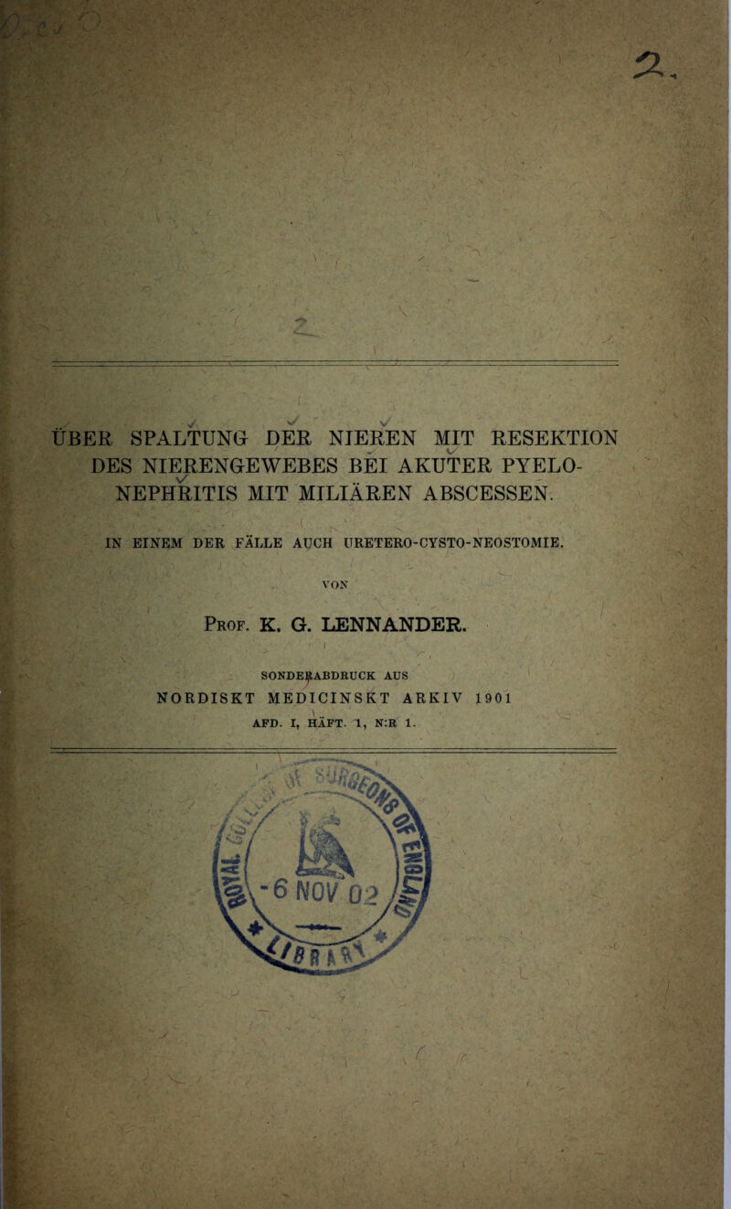 ÜBER SPALTUNG DER NIEREN MIT RESEKTION DES NIERENGEWEBES BEI AKUTER PYELO- NEPHRITIS MIT MILIAREN ABSCESSEN. IN EINEM DER FÄLLE AUCH URETERO-CYSTO-NEOSTOMIE. i