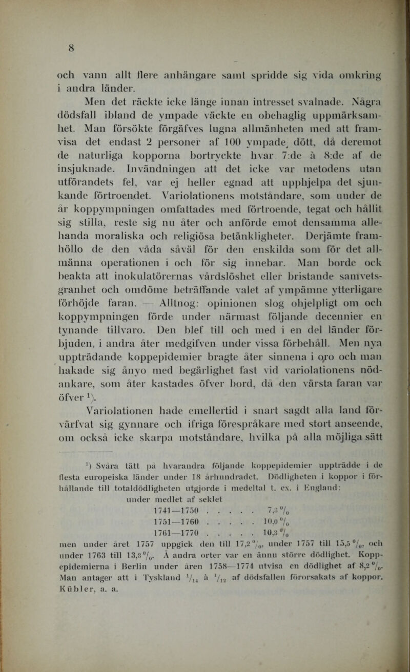 och vann allt llere anhängare saint spridde sig vida omkring i andra länder. Men det räckte icke länge innan intresset svalnade. Några dödsfall ibland de ympade väckte en obehaglig uppmärksam- het. Man försökte förgäfves lugna allmänheten med att fram- visa det endast 2 personer af 100 ympade, dött, då deremot de naturliga kopporna bortryckte hvar 7:de å 8:de af de insjuknade. Invändningen att det icke var metodens utan utförandets fel, var ej heller egnad att upphjelpa det sjun- kande förtroendet. Variolationens motståndare, som under de år koppympningen omfattades med förtroende, tegat och hållit sig stilla, reste sig nu åter och anförde emot densamma alle- handa moraliska och religiösa betänkligheter. Derjämte fram- höllo de den våda såväl för den enskilda som för det all- männa operationen i och för sig innebar. Man borde ock beakta att inokulatörernas vårdslöshet eller bristande samvets- granhet och omdöme beträffande valet af ympämne ytterligare förhöjde faran. — Alltnog: opinionen slog ohjelpligt om och koppympningen förde under närmast följande decennier en tynande tillvaro. Den blef till och med i en del länder för- bjuden, i andra åter medgifven under vissa förbehåll. Men nya uppträdande koppepidemier bragte åter sinnena i o^o och man hakade sig ånyo med begärlighet fast vid variolationens nöd- ankare, som åter kastades öfver hord, då den värsta faran var öfver 1). Variolationen hade emellertid i snart sagdt alla land för- värfvat sig gynnare och ifriga förespråkare med stort anseende, om också icke skarpa motståndare, hvilka på alla möjliga sätt b Svara tätt pa hvarandra följande koppepidemier uppträdde i de flesta europeiska länder under 18 århundradet. Dödligheten i koppor i för- hållande till totaldödligheten utgjorde i medeltal t. ex. i England: under medlet af seklet 1741—1750 7,3 % 1751—1760 10.0% 1761—1770 10,3% men under året 1757 uppgick den till 17,2%, under 1757 till 15,5%, och under 1763 till 13,3%- Å andra orter var en ännu större dödlighet. Kopp- epidemierna i Berlin under aren 1758—1774 utvisa en dödlighet af 8,2%. Man antager att i Tyskland 1/14 å Via dödsfallen förorsakats af koppor. K ii bl er, a. a.