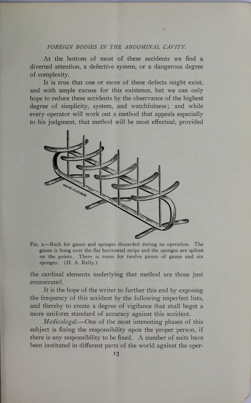 At the bottom of most of these accidents we find a diverted attention, a defective system, or a dangerous degree of complexity. It is true that one or more of these defects might exist, and with ample excuse for this existence, but we can only hope to reduce these accidents by the observance of the highest degree of simplicity, system, and watchfulness; and while every operator will work out a method that appeals especially to his judgment, that method will be most effectual, provided Fig. 2.—Rack for gauze and sponges discarded during an operation. The gauze is hung over the flat horizontal strips and the sponges are spiked on the points. There is room for twelve pieces of gauze and six sponges. (H. A. Kelly.) the cardinal elements underlying that method are those just enumerated. It is the hope of the writer to further this end by exposing the frequency of this accident by the following imperfect lists, and thereby to create a degree of vigilance that shall beget a more uniform standard of accuracy against this accident. Medicolegal.—One of the most interesting phases of this subject is fixing the responsibility upon the proper person, if there is any responsibility to be fixed. A number of suits have been instituted in different parts of the world against the oper-