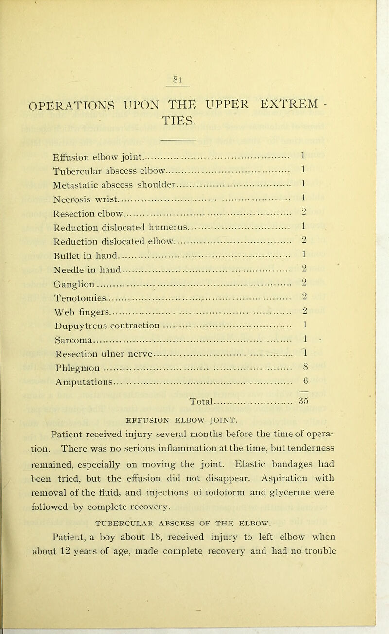 OPERATIONS UPON THE UPPER EXTREM - TIES. Effusion elbow joint 1 Tubercular abscess elbow 1 Metastatic abscess shoulder 1 Necrosis wrist 1 Resection elbow - Reduction dislocated humerus 1 Reduction dislocated elbow 2 Bullet in hand 1 Needle in hand 2 Ganglion 2 Tenotomies 2 Web fingers 2 Dupuytrens contraction 1 Sarcoma 1 Resection ulner nerve 1 Phlegmon 8 Amputations 6 Total 35 EFFUSION ELBOW JOINT. Patient received injury several months before the time of opera- tion. There was no serious inflammation at the time, but tenderness remained, especially on moving the joint. Elastic bandages had been tried, but the effusion did not disappear. Aspiration with removal of the fluid, and injections of iodoform and glycerine were followed by complete recovery. TUBERCULAR ABSCESS OF THE ELBOW. Patie R, a boy about 18, received injury to left elbow when about 12 years of age, made complete recovery and had no trouble