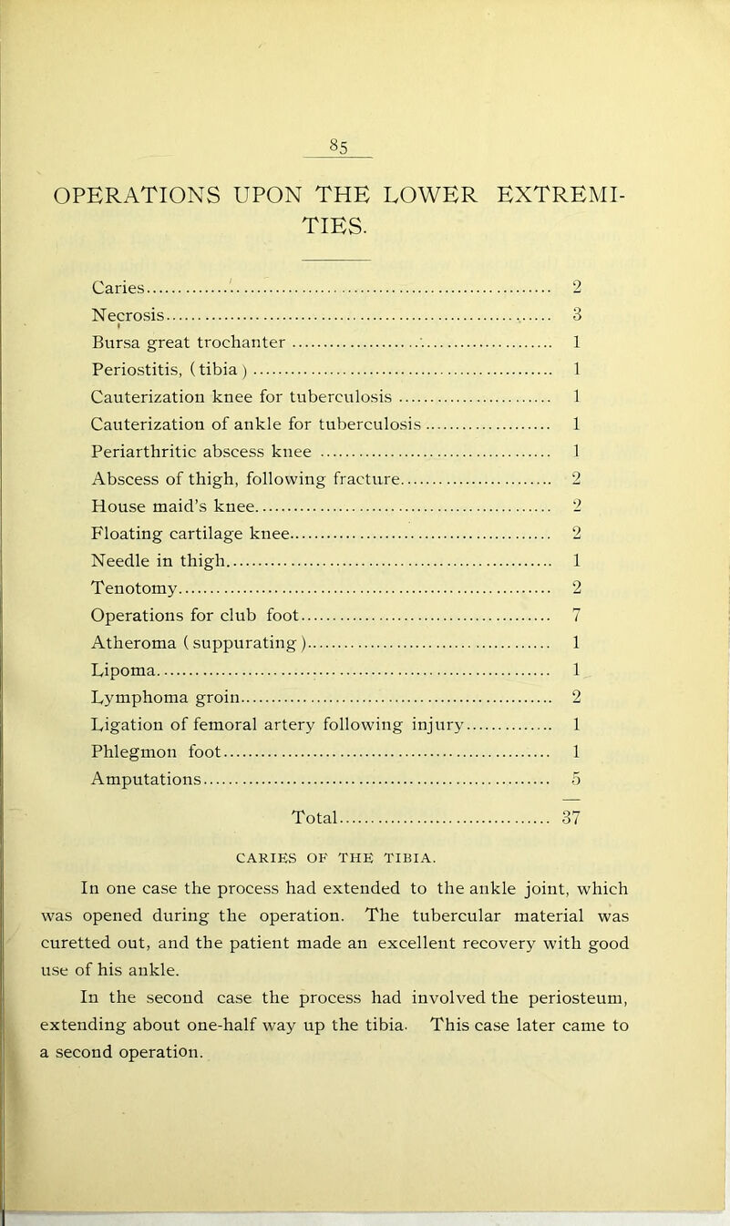 OPERATIONS UPON THE LOWER EXTREMI- TIES. Caries 2 Necrosis 3 I Bursa great trochanter 1 Periostitis, (tibia ) 1 Cauterization knee for tuberculosis 1 Cauterization of ankle for tuberculosis 1 Periarthritic abscess knee 1 Abscess of thigh, following fracture 2 House maid’s knee 2 Floating cartilage knee 2 Needle in thigh 1 Tenotomy 2 Operations for club foot 7 Atheroma ( suppurating) 1 Lipoma 1 Lymphoma groin 2 Ligation of femoral artery following injury 1 Phlegmon foot 1 Amputations 5 Total 37 CARIES OF THE TIBIA. In one case the process had extended to the ankle joint, which was opened during the operation. The tubercular material was curetted out, and the patient made an excellent recovery with good use of his ankle. In the second case the process had involved the periosteum, extending about one-half way up the tibia- This case later came to a second operation.