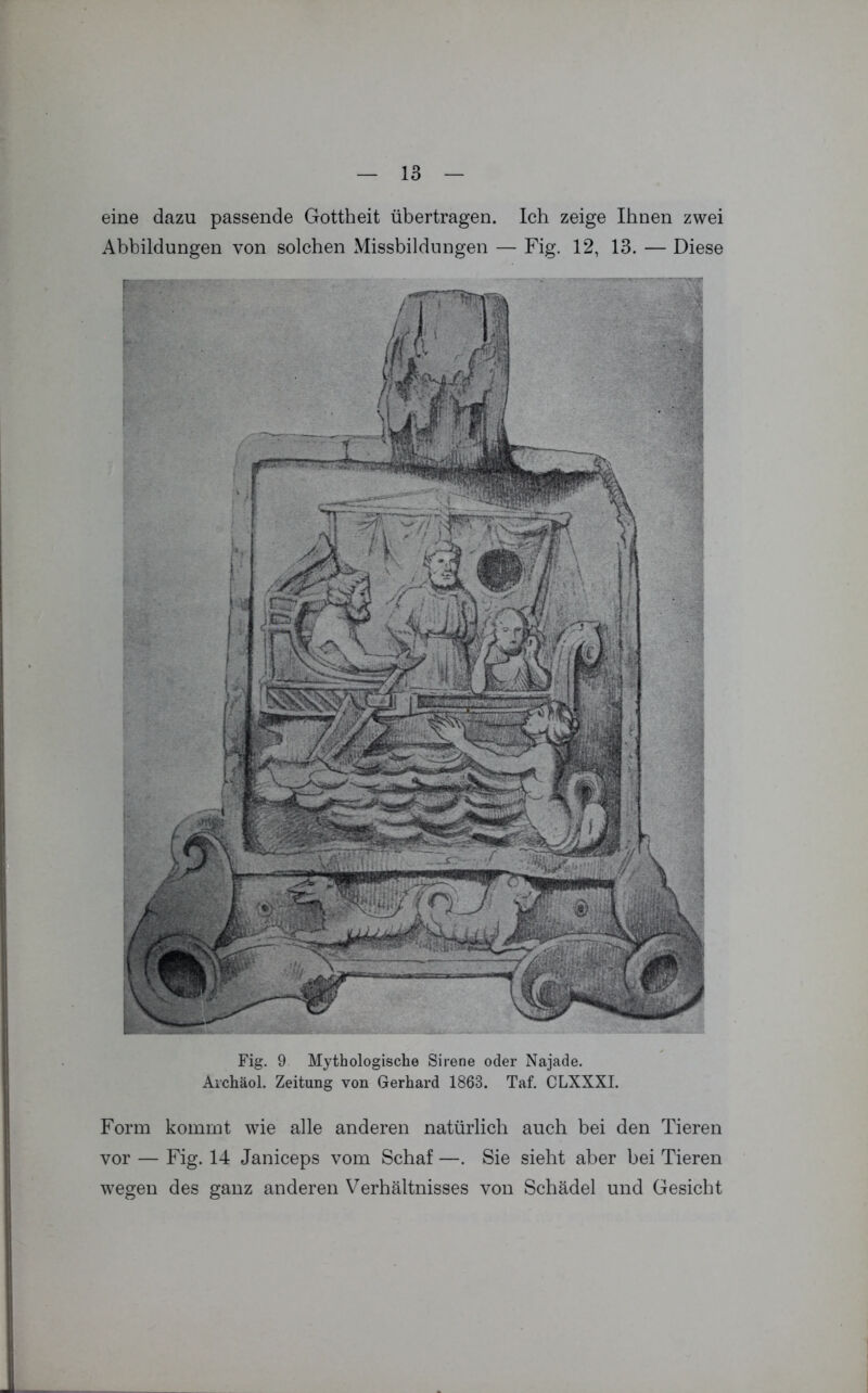 eine dazu passende Gottheit übertragen. Ich zeige Ihnen zwei Abbildungen von solchen Missbildungen — Fig. 12, 13. — Diese Fig. 9 Mythologische Sirene oder Najade. Aichäol. Zeitung von Gerhard 1863. Taf. CLXXXI. Form kommt wie alle anderen natürlich auch bei den Tieren vor — Fig. 14 Janiceps vom Schaf —. Sie sieht aber bei Tieren wegen des ganz anderen Verhältnisses von Schädel und Gesicht