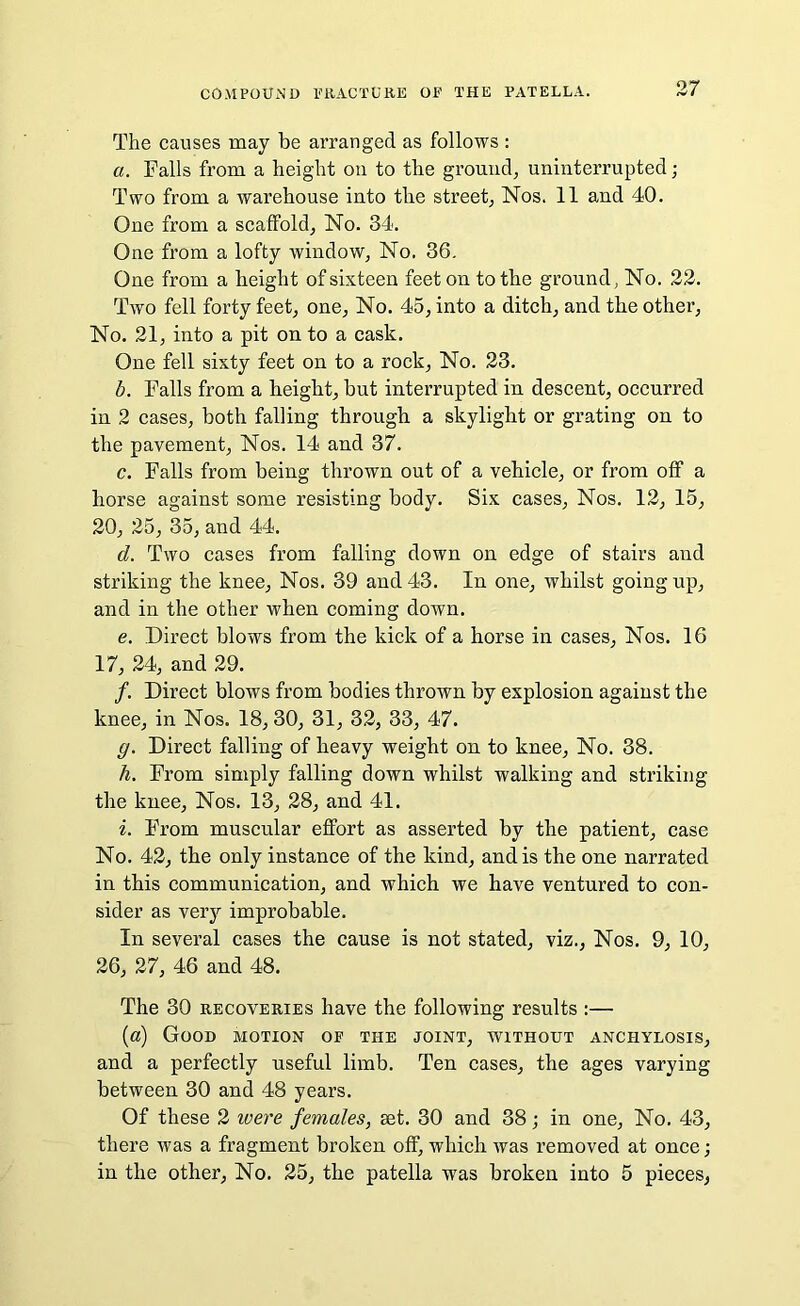 The causes may be arranged as follows : a. Palls from a height on to the ground, uninterrupted; Two from a warehouse into the street, Nos. 11 and 40. One from a scaffold, No. 34. One from a lofty window. No. 36. One from a height of sixteen feet on to the ground, No. 22. Two fell forty feet, one, No. 45, into a ditch, and the other, No. 21, into a pit on to a cask. One fell sixty feet on to a rock, No. 23. b. Palls from a height, but interrupted in descent, occurred in 2 cases, both falling through a skylight or grating on to the pavement, Nos. 14 and 37. c. Falls from being thrown out of a vehicle, or from off a horse against some resisting body. Six cases, Nos. 12, 15, 20, 25, 35, and 44. d. Two cases from falling down on edge of stairs and striking the knee, Nos. 39 and 43. In one, whilst going up, and in the other when coming down. e. Direct blows from the kick of a horse in cases, Nos. 16 17, 24, and 29. /. Direct blows from bodies thrown by explosion against the knee, in Nos. 18, 30, 31, 32, 33, 47. g. Direct falling of heavy weight on to knee, No. 38. h. From simply falling down whilst walking and striking the knee. Nos. 13, 28, and 41. i. Prom muscular effort as asserted by the patient, case No. 42, the only instance of the kind, and is the one narrated in this communication, and which we have ventured to con- sider as very improbable. In several cases the cause is not stated, viz., Nos. 9, 10, 26, 27, 46 and 48. The 30 recoveries have the following results :— (a) Good motion of the joint, without anchylosis, and a perfectly useful limb. Ten cases, the ages varying between 30 and 48 years. Of these 2 were females, set. 30 and 38; in one, No. 43, there was a fragment broken off, which -was removed at once; in the other, No. 25, the patella was broken into 5 pieces,