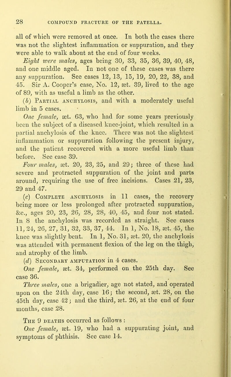 all of which were removed at once. In botli the cases there was not the slightest inflammation or suppuration, and they were able to walk about at tbe end of four weeks. Eight ivere males, ages being 30, 33, 35, 36, 39, 40, 48, and one middle aged. In not one of these cases was there any suppuration. See cases 12, 13, 15, 19, 20, 22, 38, and 45. Sir A. Cooper’s case. No. 12, set. 39, lived to the age of 89, with as useful a limb as the other. (b) Partial anchylosis, and with a moderately useful limb in 5 cases. One female, set. 63, who had for some years previously been the subject of a diseased knee-joint, which resulted in a partial anchylosis of the knee. There was not the slightest inflammation or suppuration following the present injury, and the patient recovered with a more useful limb than before. See case 39. Four males, set. 20, 23, 25, and 29; three of these had severe and protracted suppuration of the joint and parts around, requiring the use of free incisions. Cases 21, 23, 29 and 47. (c) Complete anchylosis in 11 cases, the recovery being more or less prolonged after protracted suppuration, &c., ages 20, 23, 26, 28, 28, 40, 45, and four not stated. In 8 the anchylosis was recorded as straight. See cases 11, 24, 26, 27, 31, 32, 33, 37, 44. In 1, No. 18, set. 45, the knee was slightly bent. In 1, No. 31, set. 20, the anchylosis was attended with permanent flexion of the leg on the thigh, and atrophy of the limb. (d) Secondary amputation in 4 cases. One female, set. 34, performed on the 25th day. See case 36. Three males, one a brigadier, age not stated, and operated upon on the 24th day, case 16; the second, set. 28, on the 45tli day, case 42; and the third, set. 26, at the end of four months, case 28. The 9 deaths occurred as follows : One female, set. 19, who had a suppurating joint, and symptoms of phthisis. See case 14.