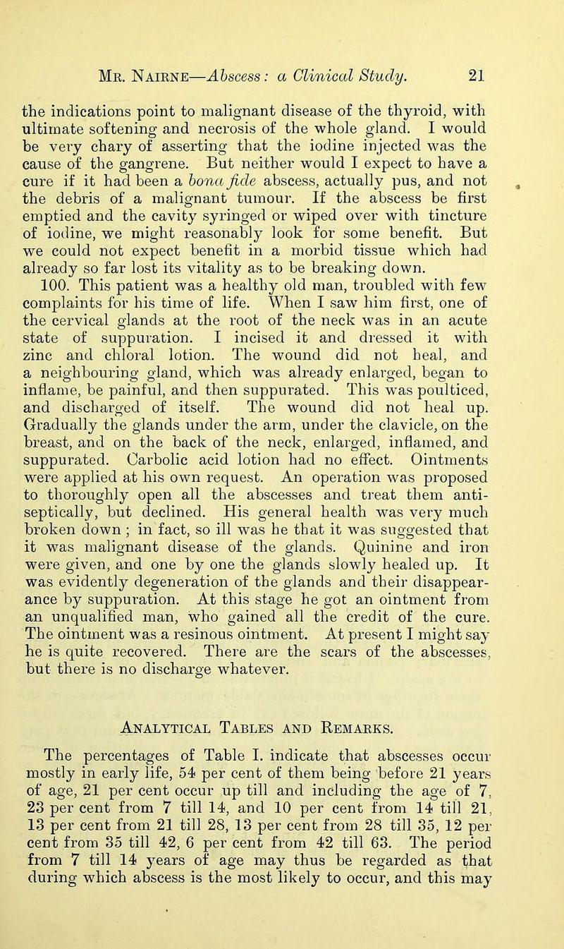 the indications point to malignant disease of the thyroid, with ultimate softening and necrosis of the whole gland. I would be very chary of asserting that the iodine injected was the cause of the gangrene. But neither would I expect to have a cure if it had been a bona fide abscess, actually pus, and not the debris of a malignant tumour. If the abscess be first emptied and the cavity syringed or wiped over with tincture of iodine, we might reasonably look for some benefit. But we could not expect benefit in a morbid tissue which had already so far lost its vitality as to be breaking down. 100. This patient was a healthy old man, troubled with few complaints for his time of life. When I saw him first, one of the cervical glands at the root of the neck was in an acute state of suppuration. I incised it and dressed it with zinc and chloral lotion. The wound did not heal, and a neighbouring gland, which was already enlarged, began to inflame, be painful, and then suppurated. This w'as poulticed, and discharged of itself. The wound did not heal up. Gradually the glands under the arm, under the clavicle, on the breast, and on the back of the neck, enlarged, inflamed, and suppurated. Carbolic acid lotion had no effect. Ointments were applied at his own request. An operation was proposed to thoroughly open all the abscesses and treat them anti- septically, but declined. His general health was very much broken down ; in fact, so ill was he that it was suggested that it was malignant disease of the glands. Quinine and iron were given, and one by one the glands slowly healed up. It was evidently degeneration of the glands and their disappear- ance by suppuration. At this stage he got an ointment from an unqualified man, who gained all the credit of the cure. The ointment was a resinous ointment. At present I might say he is quite recovered. There are the scars of the abscesses, but there is no discharge whatever. Analytical Tables and Remarks. The percentages of Table I. indicate that abscesses occur mostly in early life, 54 per cent of them being before 21 years of age, 21 per cent occur up till and including the age of 7, 23 per cent from 7 till 14, and 10 per cent from 14 till 21, 13 per cent from 21 till 28, 13 per cent from 28 till 35, 12 per- cent from 35 till 42, 6 per cent from 42 till 63. The period from 7 till 14 years of age may thus be regarded as that during which abscess is the most likely to occur, and this may
