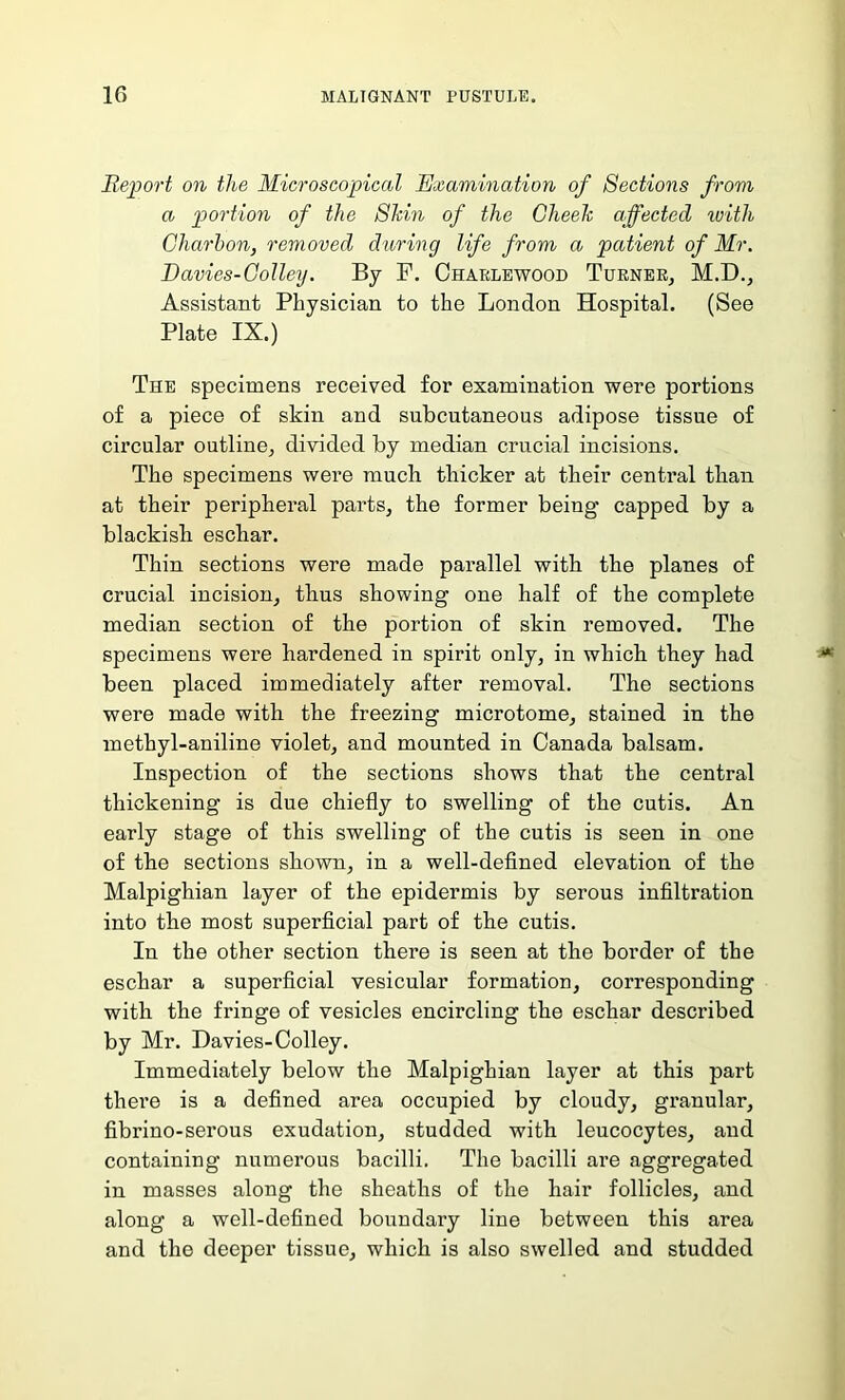 Report on the Microscopical Examination of Sections from a portion of the Skin of the Cheek affected tuith Charbon, removed during life from a patient of Mr. Davies-Colley. By F. Charlewood Turner, M.D., Assistant Physician to the London Hospital. (See Plate IX.) The specimens received for examination were portions of a piece of skin and subcutaneous adipose tissue of circular outline, divided by median crucial incisions. The specimens were much thicker at their central than at their peripheral parts, the former being capped by a blackisb eschar. Thin sections were made parallel with the planes of crucial incision, thus showing one half of the complete median section of the portion of skin removed. The specimens were hardened in spirit only, in which they had been placed immediately after removal. The sections were made with the freezing microtome, stained in the methyl-aniline violet, and mounted in Canada balsam. Inspection of the sections shows that the central thickening is due chiefly to swelling of the cutis. An early stage of this swelling of the cutis is seen in one of the sections shown, in a well-defined elevation of the Malpighian layer of the epidermis by serous infiltration into the most superficial part of the cutis. In the other section there is seen at the border of the eschar a superficial vesicular formation, corresponding with the fringe of vesicles encircling the eschar described by Mr. Davies-Colley. Immediately below the Malpighian layer at this part there is a defined area occupied by cloudy, granular, fibrino-serous exudation, studded with leucocytes, and containing numerous bacilli. The bacilli are aggregated in masses along the sheaths of the hair follicles, and along a well-defined boundary line between this area and the deeper tissue, which is also swelled and studded