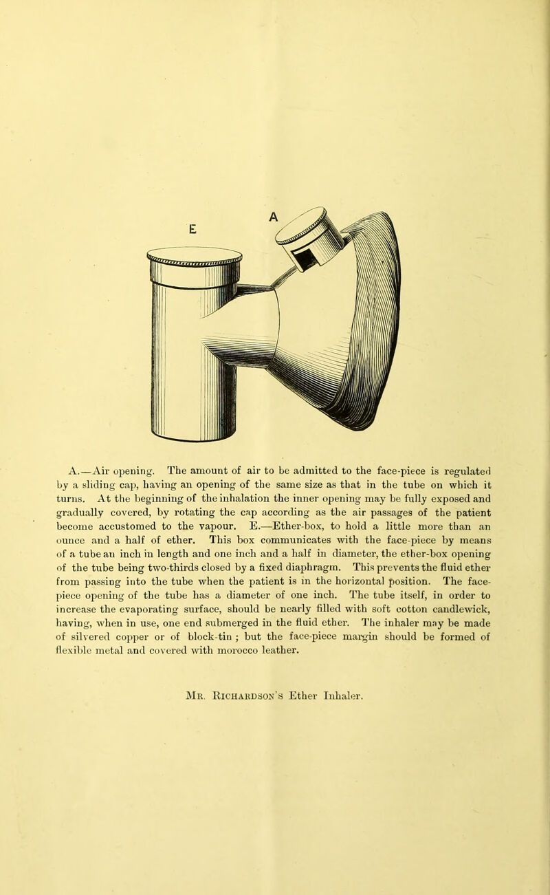 A.—Air opening. The amount of air to be admitted to the face-piece is regulated by a sliding cap, having an opening of the same size as that in the tube on which it turns. At the beginning of the inhalation the inner opening may be fully exposed and gradually covered, by rotating the cap according as the air passages of the patient become accustomed to the vapour. E.—Ether-box, to hold a little more than an ounce and a half of ether. This box communicates with the face-piece by means of a tube an inch in length and one inch and a half in diameter, the ether-box opening of the tube being two-thirds closed by a fixed diaphragm. This prevents the fluid ether from passing into the tube when the patient is in the horizontal position. The face- piece opening of the tube has a diameter of one inch. The tube itself, in order to increase the evaporating surface, should be nearly filled with soft cotton candlewick, having, when in use, one end submerged in the fluid ether. The inhaler may be made of silvered copper or of block-tin ; but the face-piece margin should be formed of flexible metal and covered with morocco leather. Mu. Richardson’s Ether Inhaler.