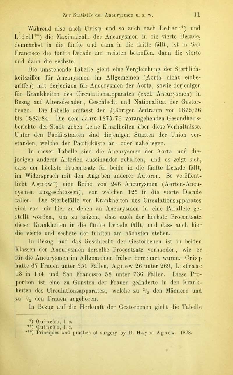 Während also nach Crisp und so auch nach Lebert*) und Lidell**) die Maxinialzahl der Aneurysmen in die vierte Decade, demnächst in die fünfte und dann in die dritte fällt, ist in San Francisco die fünfte Decade am meisten betroffen, dann die vierte und dann die sechste. Die umstehende Tabelle giebt eine Vergleichung der Sterblich- keitszilfer für Aneurysmen im Allgemeinen (Aorta nicht einbe- griffen) mit derjenigen für Aneurysmen der Aorta, sowie derjenigen für Krankheiten des Circulationsapparates (excl. Aneurysmen) in Bezug auf Altersdecaden, Geschlecht und Nationalität der Gestor- benen. Die Tabelle umfasst den 9jährigen Zeitraum von 1875/76 bis 1883 84. Die dem Jahre 1875 76 vorangehenden Gesundheits- berichtc der Stadt geben keine Einzelheiten über diese Verhältnisse. Unter den Paeiüestaaten sind diejenigen Staaten der Union ver- standen, welche der Pacilicküste an- oder naheliegen. ln dieser Tabelle sind die Aneurysmen der Aorta und die- jenigen anderer Arterien auseinander gehalten, und es zeigt sich, dass der höchste Procentsatz für beide in die fünfte Decade fällt, im Widerspruch mit den Angaben anderer Autoren. So veröffent- licht Agnew*) eine Reihe von 246 Aneurysmen (Aorten-Aneu- rysmen ausgeschlossen), von welchen 125 in die vierte Decade fallen. Die Sterbefälle von Krankheiten des Circulationsapparates sind von mir hier zu denen an Aneurysmen in eine Parallele ge- stellt worden, um zu zeigen, dass auch der höchste Procentsatz dieser Krankheiten in die fünfte Decade fällt, und dass auch hier die vierte und sechste der fünften am nächsten stehen. ln Bezug auf das Geschlecht der Gestorbenen ist in beiden Klassen der Aneurysmen derselbe Procentsatz vorhanden, wie er für die Aneurysmen im Allgemeinen früher berechnet wurde. Crisp hatte 67 Frauen unter 551 Fällen, Agnew 26 unter 269, Jjisfranc 13 in 154 und San Francisco 58 unter 736 Fällen. Diese Pro- portion ist eine zu Gunsten der Frauen geänderte in den Krank- heiten des Circulationsapparates, welche zu V3 den Männern und zu V3 den Frauen angehören. ln Bezug auf die Herkunft der Gestorbenen giebt die Tabelle *) Quincke, 1. c. **) Quincke, 1. c. «♦♦) prinQipies and practice of surgery by D. Hayes Agnew. 1878.
