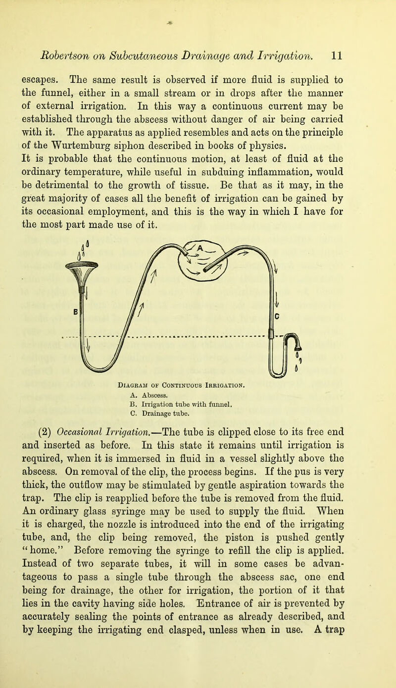 escapes. The same result is observed if more fluid is supplied to the funnel, either in a small stream or in drops after the manner of external irrigation. In this way a continuous current may be established through the abscess without danger of air being carried with it. The apparatus as applied resembles and acts on the principle of the Wurtemhurg siphon described in hooks of physics. It is probable that the continuous motion, at least of fluid at the ordinary temperature, while useful in subduing inflammation, would be detrimental to the growth of tissue. Be that as it may, in the great majority of cases all the benefit of irrigation can be gained by its occasional employment, and this is the way in which I have for the most part made use of it. A. Abscess. B. Irrigation tube with funnel. C. Drainage tube. (2) Occasional Irrigation.—The tube is clipped close to its free end and inserted as before. In this state it remains until irrigation is required, when it is immersed in fluid in a vessel slightly above the abscess. On removal of the clip, the process begins. If the pus is very thick, the outflow may be stimulated by gentle aspiration towards the trap. The clip is reapplied before the tube is removed from the fluid. An ordinary glass syringe may be used to supply the fluid. When it is charged, the nozzle is introduced into the end of the irrigating tube, and, the clip being removed, the piston is pushed gently “home.” Before removing the syringe to refill the clip is applied. Instead of two separate tubes, it will in some cases be advan- tageous to pass a single tube through the abscess sac, one end being for drainage, the other for irrigation, the portion of it that lies in the cavity having side holes. Entrance of air is prevented by accurately seahng the points of entrance as akeady described, and by keeping the irrigating end clasped, unless when in use. A trap