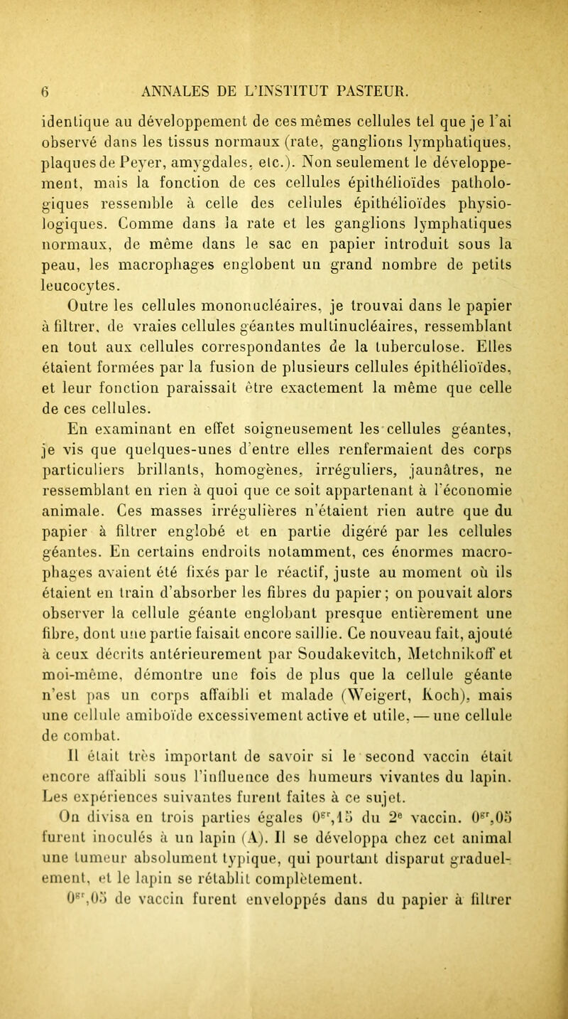 identique au développement de ces mêmes cellules tel que je Fai observé dans les tissus normaux (rate, ganglions lymphatiques, plaques de Peyer, amygdales, etc.). Non seulement le développe- ment, mais la fonction de ces cellules épithélioïdes patholo- giques ressemble à celle des cellules épithélioïdes physio- logiques. Comme dans la rate et les ganglions lymphatiques normaux, de même dans le sac en papier introduit sous la peau, les macrophages englobent un grand nombre de petits leucocytes. Outre les cellules mononucléaires, je trouvai dans le papier à filtrer, de vraies cellules géantes multinucléaires, ressemblant en tout aux cellules correspondantes de la tuberculose. Elles étaient formées par la fusion de plusieurs cellules épithélioïdes, et leur fonction paraissait être exactement la même que celle de ces cellules. En examinant en effet soigneusement les cellules géantes, je vis que quelques-unes d'entre elles renfermaient des corps particuliers brillants, homogènes, irréguliers, jaunâtres, ne ressemblant en rien à quoi que ce soit appartenant à l'économie animale. Ces masses irrégulières n’étaient rien autre que du papier à filtrer englobé et en partie digéré par les cellules géantes. En certains endroits notamment, ces énormes macro- phages avaient été fixés par le réactif, juste au moment où ils étaient en train d’absorber les fibres du papier ; on pouvait alors observer la cellule géante englobant presque entièrement une fibre, dont une partie faisait encore saillie. Ce nouveau fait, ajouté à ceux décrits antérieurement par Soudakevitch, Metchnikoff et moi-même, démontre une fois de plus que la cellule géante n’est pas un corps affaibli et malade (Weigert, Koch), mais une cellule amiboïde excessivement active et utile, — une cellule de combat. Il était très important de savoir si le second vaccin était encore affaibli sous l’influence des humeurs vivantes du lapin. Les expériences suivantes furent faites à ce sujet. On divisa en trois parties égales 0gr,lo du 2° vaccin. 0gr,05 furent inoculés à un lapin (A). Il se développa chez cet animal une tumeur absolument typique, qui pourtant disparut graduel- ement, et le lapin se rétablit complètement. 0gr,0o de vaccin furent enveloppés dans du papier à filtrer