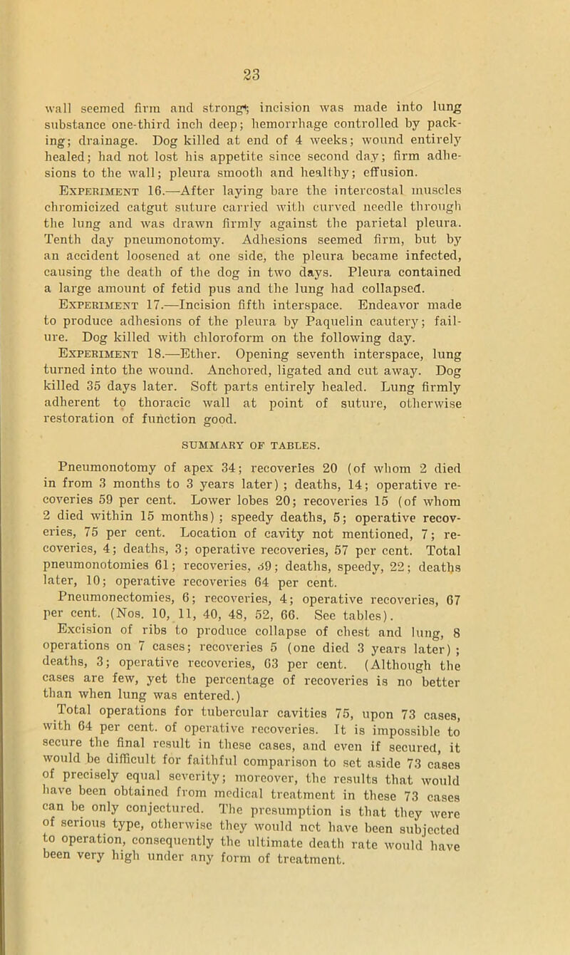 wall seemed firm and strong^ incision was made into lung substance one-third inch deep; hemorrhage controlled by pack- ing; drainage. Dog killed at end of 4 weeks; wound entirely healed; had not lost his appetite since second day; firm adhe- sions to the wall; pleura smooth and healthy; effusion. Experiment 16.—After laying bare the intercostal muscles chromicized catgut suture carried with curved needle through the lung and was drawn firmly against the parietal pleura. Tenth day pneumonotomy. Adhesions seemed firm, but by an accident loosened at one side, the pleura became infected, causing the death of the dog in two days. Pleura contained a large amount of fetid pus and the lung had collapsed. Experiment 17.—Incision fifth interspace. Endeavor made to produce adhesions of the pleura by Paquelin cautery; fail- ure. Dog killed with chloroform on the following day. Experiment 18.—Ether. Opening seventh interspace, lung turned into the wound. Anchored, ligated and cut away. Dog killed 35 days later. Soft parts entirely healed. Lung firmly adherent to thoracic wall at point of suture, otherwise restoration of function good. SUMMARY OF TABLES. Pneumonotomy of apex 34; recoveries 20 (of whom 2 died in from 3 months to 3 years later) ; deaths, 14; operative re- coveries 59 per cent. Lower lobes 20; recoveries 15 (of whom 2 died within 15 months) ; speedy deaths, 5; operative recov- eries, 75 per cent. Location of cavity not mentioned, 7; re- coveries, 4; deaths, 3; operative recoveries, 57 per cent. Total pneumonotomies 61; recoveries, rf9; deaths, speedy, 22; deaths later, 10; operative recoveries 64 per cent. Pneumonectomies, 6; recoveries, 4; operative recoveries, 67 per cent. (Nos. 10, 11, 40, 48, 52, 66. See tables). Excision of ribs to produce collapse of chest and lung, 8 operations on 7 cases; recoveries 5 (one died 3 years later) ; deaths, 3; operative recoveries, 63 per cent. (Although the cases are few, yet the percentage of recoveries is no better than when lung was entered.) Total operations for tubercular cavities 75, upon 73 cases, with 64 per cent, of operative recoveries. It is impossible to secure the final result in these cases, and even if secured, it would be difficult for faithful comparison to set aside 73 cases of precisely equal severity; moreover, the results that would have been obtained from medical treatment in these 73 cases can be only conjectured. The presumption is that they were of serious type, otherwise they would not have been subjected to operation, consequently the ultimate death rate would have been very high under any form of treatment.