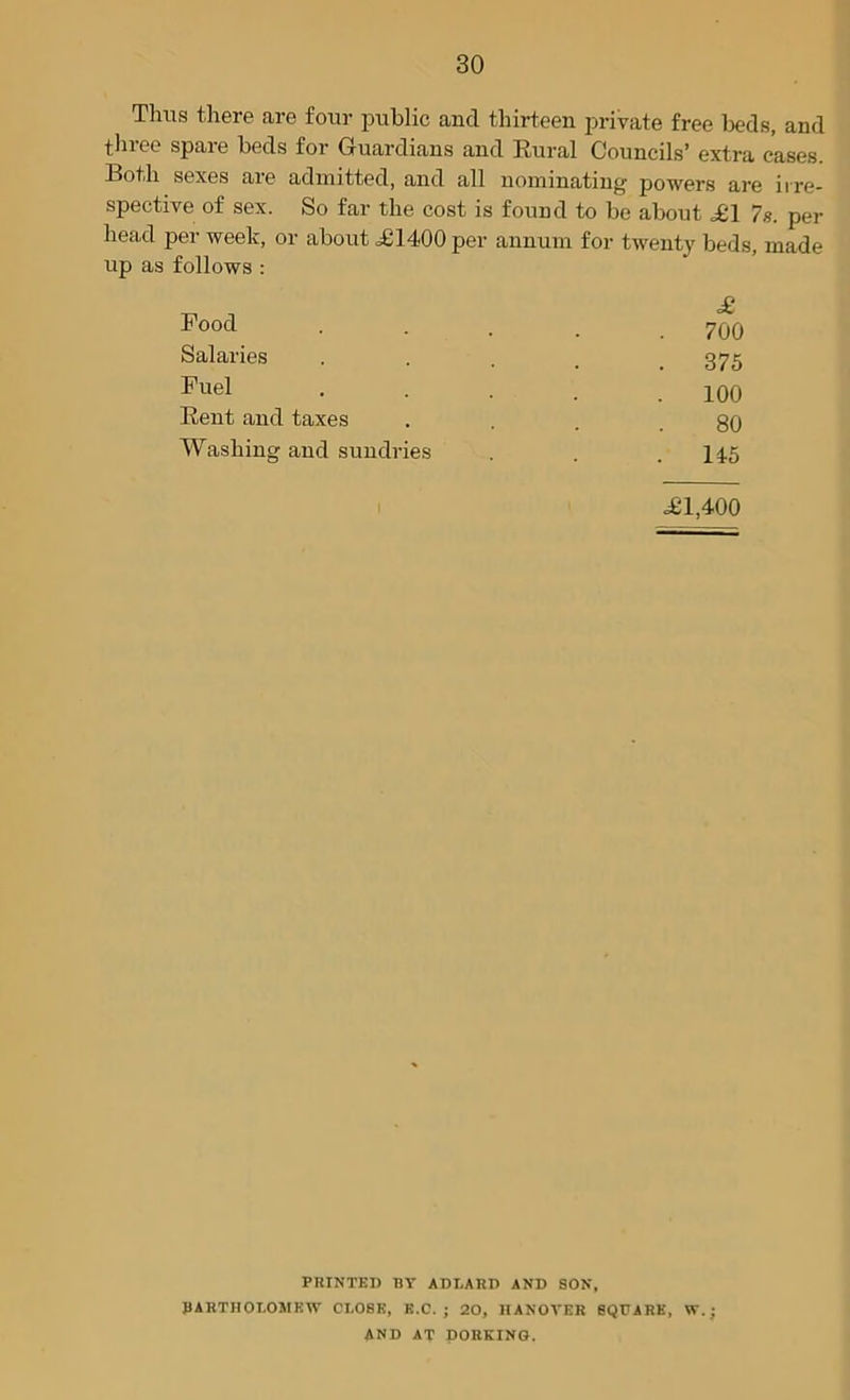 Thus there are four public and thirteen private free beds, and three spare beds for Guardians and Rural Councils’ extra cases. Both sexes are admitted, and all nominating powers are irre- spective of sex. So far the cost is found to be about <£1 7s. per head per week, or about £1400 per annum for twenty beds, made up as follows : Food . . . . .700 Salaries . . . . .375 Fuel • • • . .100 Rent and taxes . . . .80 Washing and sundries . . .145 £1,400 PRINTED BY ADI.ARD AND SON, BARTHOLOMEW CLOSE, K.C. ; 20, HANOVER SQUARE, W.; AND AT DORKING.