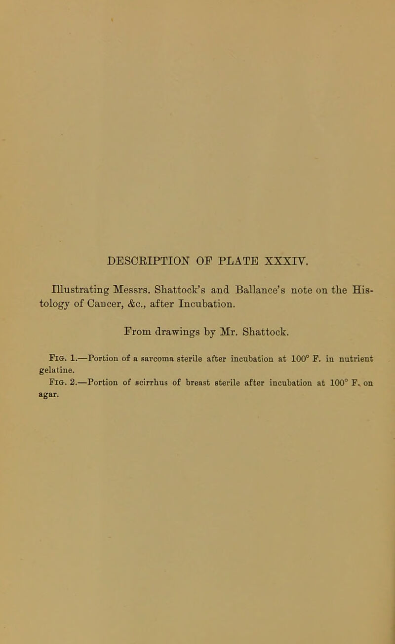 Illustrating Messrs. Shattock’s and Ballance’s note on tlie His- tology of Cancer, &c., after Incubation. From drawings by Mr. Shattock. Fig. 1.—Portion of a sarcoma sterile after incubation at 100° F. in nutrient gelatine. Fig. 2.—Portion of scirrbus of breast sterile after incubation at 100° Fv on agar.