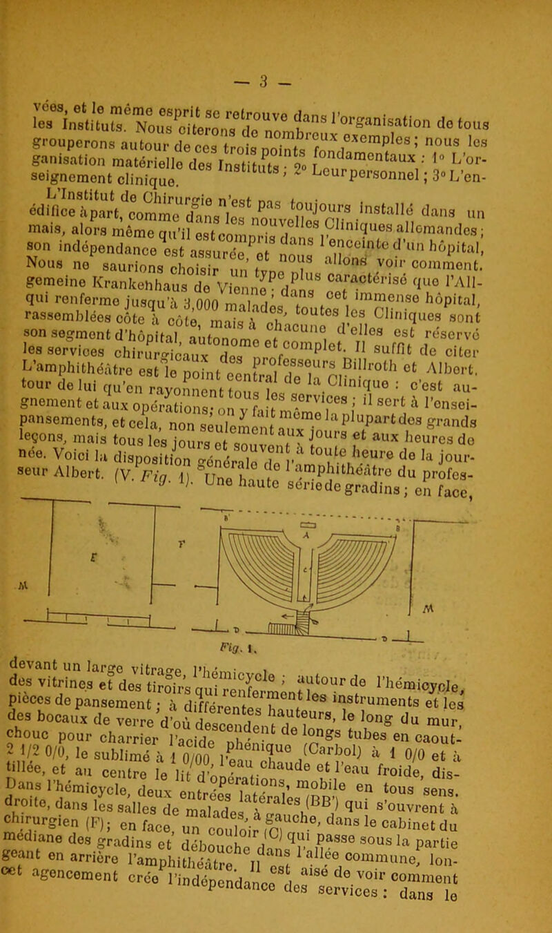 l’ar^«on do tous grouperons airdece,Trot uï£T‘.Mempl“: n0“ '« ganisatlon matérielle dos Instituts ■ s» p,!!|t'am6“t,ux.: L'°r- seignemont clinique. ' Leur personnel ; 3° L’en- Nous saurions ohèTsîr un 17 °n“ ,oil' gemeine Krankehhaus do Vionn^ dM»8 SJ!14™4 <lT '’AIN qui renferme jusqu’à 3 000 nmhrlôc \ mraense hôpital, rassemblées côte à côte , ! ' tOUtos lcs Cliniq^ son son segment dïôpita0?“Une, d’cll°3 cst réservé les services chirur4caux^ Z ntf°°mPlet- 11 suffît de citer L’amphithéâtre estlo poin^eenÏÏÏeT?^1-10111 0t Albert’ tour de lui qu’en rayonnent S S IafCl*n«que : c’est ali- gnement et aux opérations - on v fa t ® S.ervi,cea j 11 scrt a l’ensei- pansements, et cela, non seulement ”lüm.olaPluPartdes grands leçons, mais tous les joursS r i°T f‘ aux beur<* de née. Voici la disposition^ de Ia jour- seur Albert. (V Fia 1) lînn u ! amphithéâtre du profes- 1 lj- Une haut0 sériedegradins; en face, M h- Fig. «. déaTocZT™™^ chouc pour charrier l’acide 'Tent de longs tubes en caout- 2 1/2 0/0, le sublimé à l 0 00 ^l) à 1 0/0 et à tillee, et au centrp le ir’ ®au chaude et 1 eau froide dis- Dans l’hémicycle deux- e d operations, mobile en tous sens droite, dans les salles de maTad^°B? qui s’ouvrent à chirurgien (F); en face, un couloiVin h-°' dana la cabinet du médiane des gradins et débouche cln uaSSS sous Ia Partie géant en arrière l’amphithéâtre II a”® 1 allfe commune, lon- -1 agencement nommer.