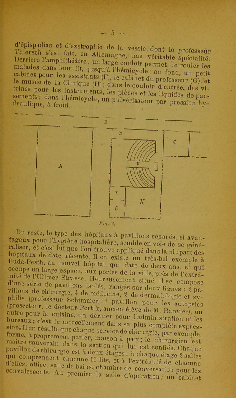 d’épispadias et d’exstrophio de la vessie rlnnf , Thiersch fiif __ 'es,~ e> dont le professeur SSSSSSSë^^ sements; dans l'hémicycle, un pulvcrisatnm nn ^ d°P,M' draulique, à froid. puivensateur par pression hy- Du reste, le type des hôpitaux à pavillons séparés, si avan- ra?is^ P?Ur fh,y°iene liospitaHère, semble en voie de sc géné- raliser, et c est lui que l’on trouve appliqué dans la plupart des J?;s( edjte récente. lien existe un très-beVexemple à iUdc-Pesth au nouvel hôpital, qui date de deux ans ef oui mité dn rnu rg° eQSpace’ aux P°rtes de la ville, près de l’extré- i. . L ,œer Strasse. Heureusement situé, il se compose -i, ‘t !’10 Pavillons isolés, rangés sur deux lio-nes • 3/de chirurgie, 4 de médecine, 2 de dermatologie et ifv phil.s (professeur Schimmer), I pavillon no,, 1°, i 5 docte“'- “noien élève do JL RanvièTù” bureau>x”fiW°lU,a'ne’ dorllier pour l’administration et les sssfilpSïSBs pavillon de chirurgie est à doux éta^el. ?St con?eo- Chacluo qui comprenncnt^hacuneciactu.o «tage 2 salles d’elles, office salle Ho h • i ' ’ e a 1 extrémité de chacune convalescent;. Au premier’ k Tano° c?nv°rsation pour les premier, la salle d operation ; un cabinet