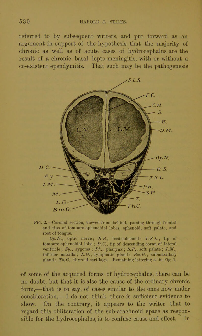 referred to by subsequent writers, and put forward as an argument in support of the hypothesis that the majority of chronic as well as of acute cases of hydrocephalus are the result of a chronic basal lepto-meningitis, with or without a co-existent ependymitis. That such may be the pathogenesis Fig. 2.—Coronal section, viewed from behind, passing through frontal and tips of temporo-sphenoidal lobes, sphenoid, soft palate, and root of tongue. Op. N., optic nerve; B.S., basi-sphenoid; T.S.L., tip of temporo-sphenoidal lobe ; J). C., tip of descending cornu of lateral ventricle; Zy., zygoma; Pk., pharynx; S.P., soft palate; 1.31., inferior maxilla; L.G., lymphatic gland; Sm.G., submaxillary gland ; Th.C., thyroid cartilage. Remaining lettering as in Fig. 1. of some of the acquired forms of hydrocephalus, there can be no doubt, but that it is also the cause of the ordinary chronic form,—that is to say, of cases similar to the ones now under consideration,—I do not think there is sufficient evidence to show. On the contrary, it appears to the writer that to regard this obliteration of the sub-arachnoid space as respon- sible for the hydrocephalus, is to confuse cause and effect. In