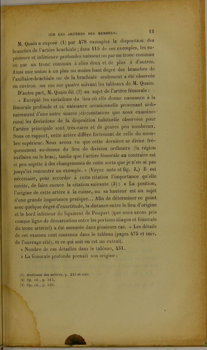 SUIS Lies AKTÈRUS 1>Ë8 MBMBUÜ.S. M Quain u exposé (1) par A78 exemples la disposition «les branches de l’artère brachiale ; dans 115 de ces exemples, les su- périeure et inférieure profondes naissent ou par un tronc commun ou par un tronc commun à elles deux et de plus a d autres. Ainsi une union à un plus ou moins haut degré des branches de l’axillaire-brachiale ou de la brachiale seulement a été observée en environ un cas sur quatre suivant les tableaux de M. Quain. D’autre part, M. Quain dit (2) au sujet de l’artère fémorale : « Excepté les variations du lieu où elle donne naissance à la fémorale profonde et sa naissance occasionnelle provenant ordi- nairement d’une autre source (circonstances que nous examine- rons) les déviations de la disposition habituelle observées pour l’artère principale sont très-rares et de genres peu nombreux. Sous ce rapport, cette artère diffère fortement de celle du mem- bre supérieur. Nous avons vu que cette dernière se divise fré- quemment au-dessus du lieu de division ordinaire (la région axillaire ou le bras), tandis que l’artère fémorale au contraire est si peu sujette à des changements de cette sorte que je n’en ai pas jusqu’ici rencontré un exemple. » (Voyez note et lig. 8.) Il est nécessaire, pour accorder à celle citation l’importance qu’elle mérite, de faire encore la citation suivante (3) : « La position, l’origine de celle artère à la cuisse, ou sa hauteur est un sujet d’une grande importance pratique... Afin de déterminer ce point avec quelque degré d’exactitude, la distance entre le lieu d origine et le bord inférieur du ligament de Poupart (que nous avons [iris comme ligne de démarcation entre les portions iliaque et fémorale du tronc artériel) a été mesurée dans plusieurs cas. « Les détails de cet examen sont contenus dans le tableau (pages /|75 et suiY. de l’ouvrage cité), et ce qui suit en est un extrait, a Nombre de cas détaillés dans le tableau, 431. » La fémorale profonde prenait son origine: (1) Anatomie des artères, p. 235 el suiv. (2) Op. cil., p. 513. (3) Op. al., p. 520. N